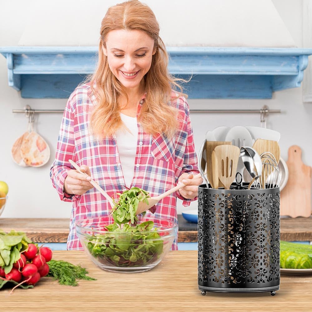 EKNITEY Instant-Dry Kitchen Utensil Holder - Large 360° Rotating Cutlery Basket - 4 Compartments Kitchen Utensil Storage - Spatula Storage Rack (Black)