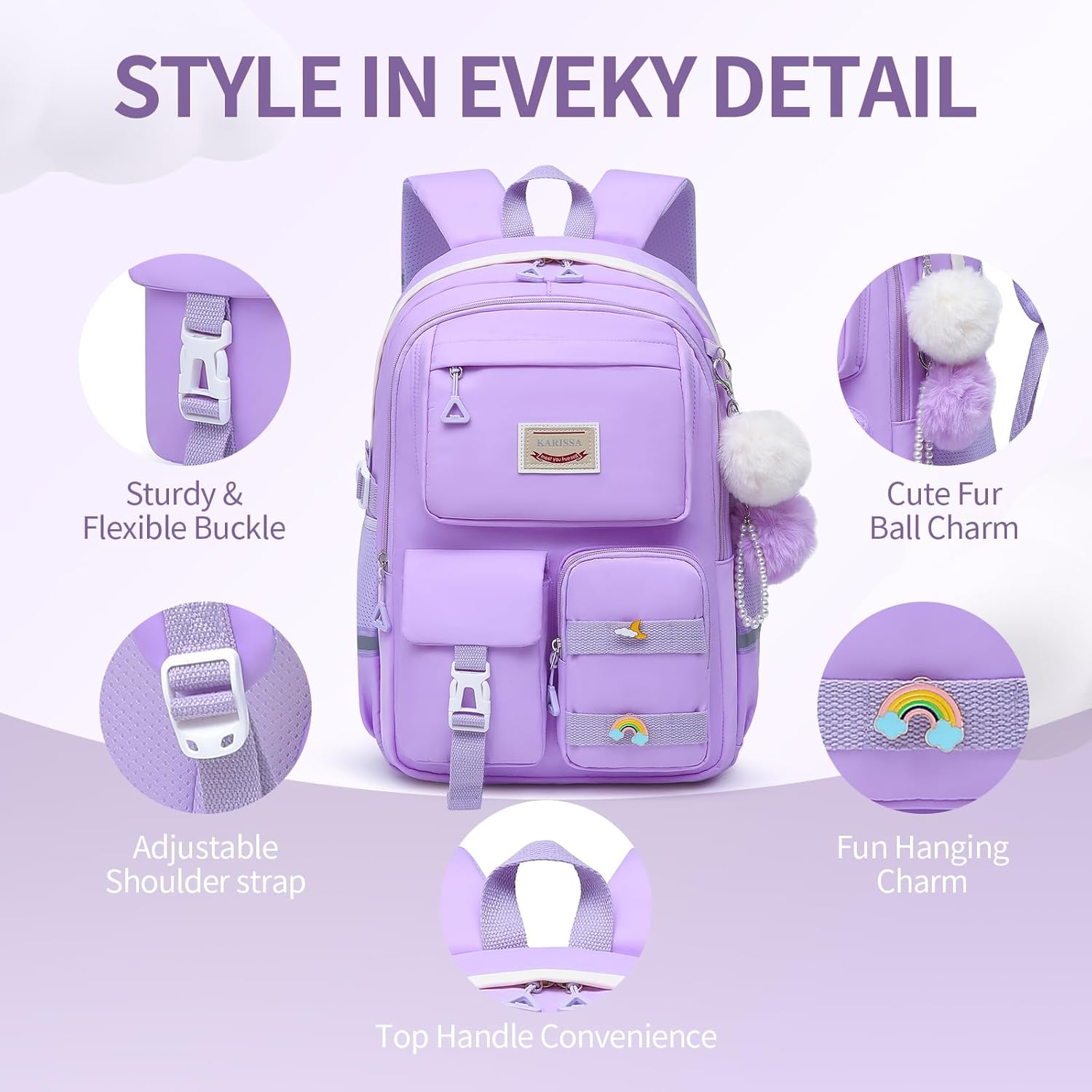 Girls Backpack Student Laptop Book Bag with Multiple Pockets for Teen Kids Elementary Middle School Travel Daypack Purple Tote