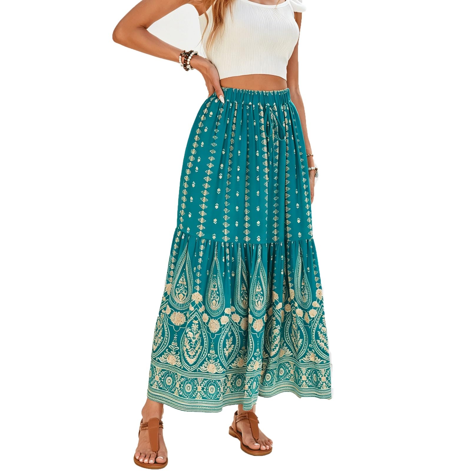 UYHBCNQD Vacation Women's Maxi Skirts Midi Long Skirt High Elastic Waisted(Gr�n,Lagre)