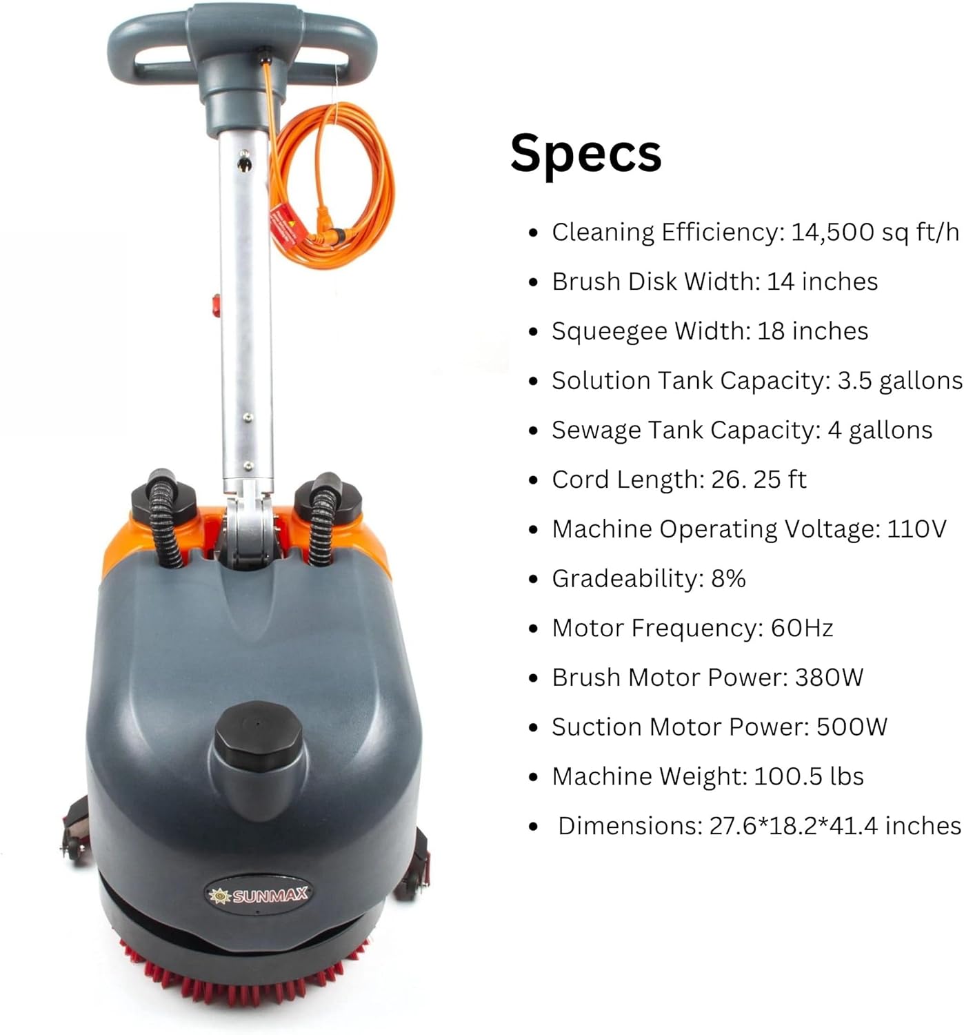 14" Walk-Behind Commercial Floor Scrubber Machine, 18" Squeegee, 3/4-Gal Tanks, 180 RPM, 26-ft Corded Hard Floor Cleaner for Offices, Cafes, Boutiques, Clinics & Tight Spaces