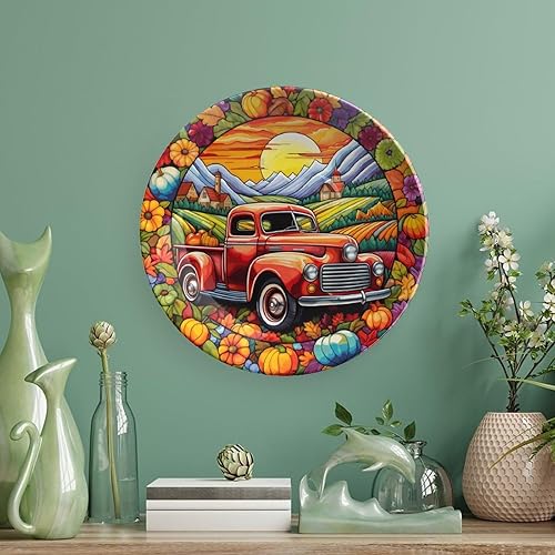 Miniatura 5 de Gokays Platos decorativos, diseño retro de otoño con corona de camión y calabaza, vitral, placa de exhibición para el hogar, oficina, cocina,