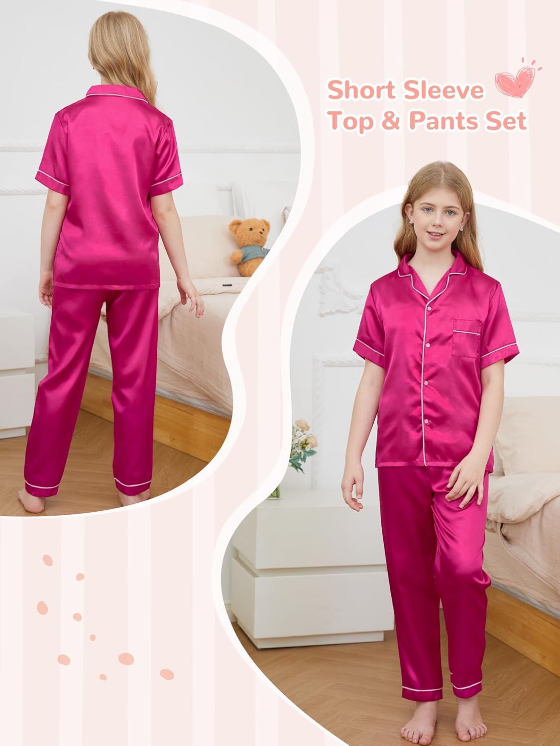IHU 4 Piece Girls Pajamas Silk Satin PJs Boys Button Down Short Sleeve Set
