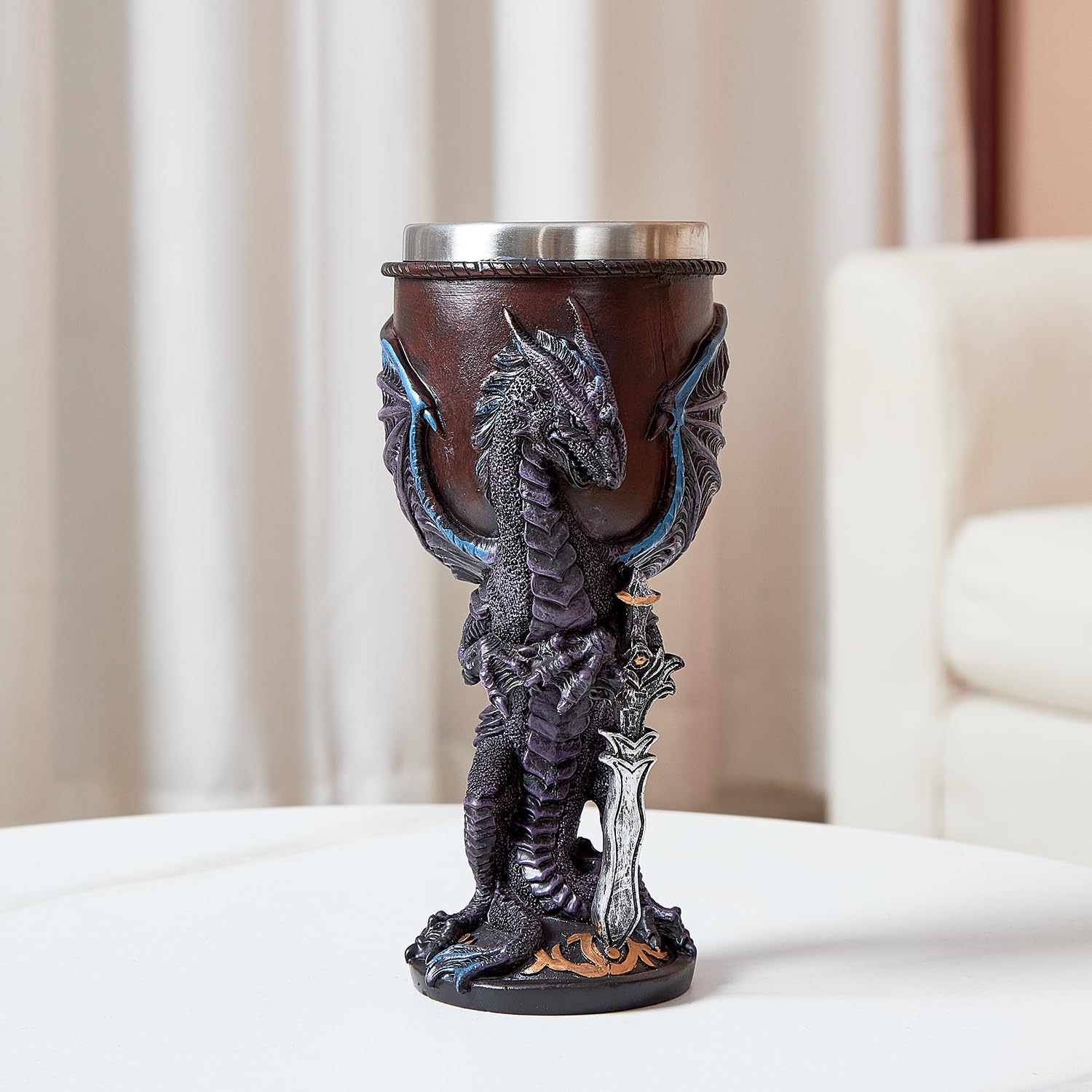 Calice viola con drago fiamma, con inserto in acciaio inox, regalo Fantasy Dungeons and Dragons, calice da vino.
