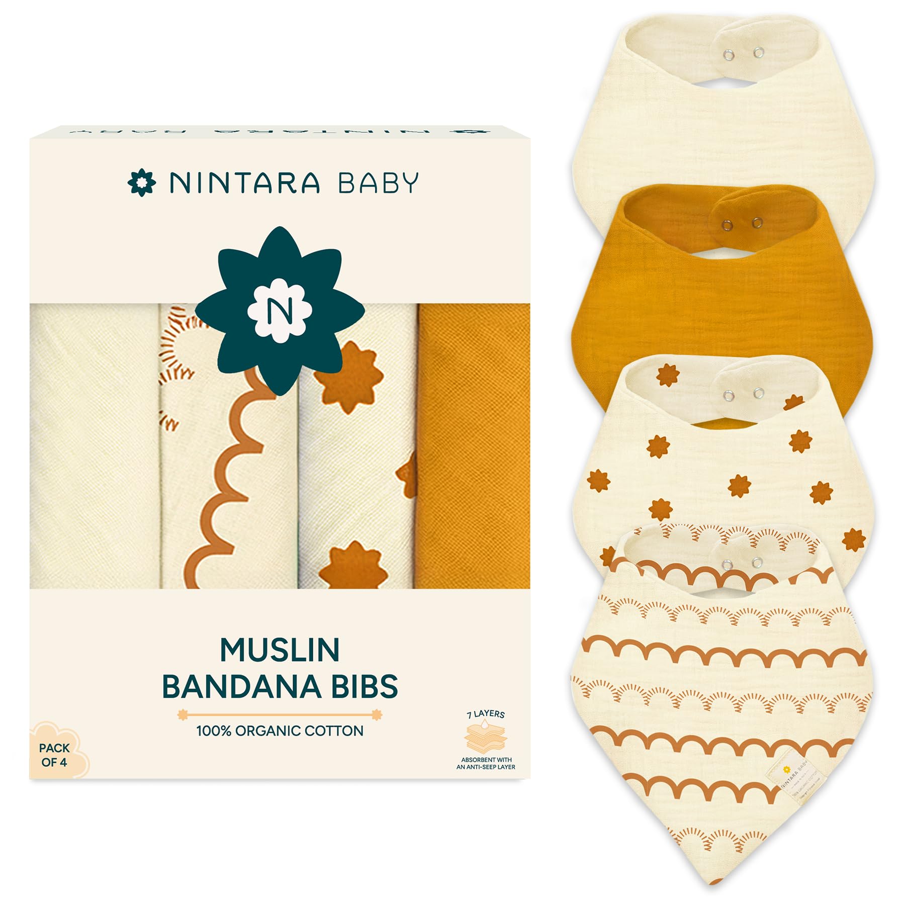 NINTARABABY Bandana Bibs, 100% Organic Muslin Cotton, 7-Layer Absorbent for Drooling Teething & Feeding