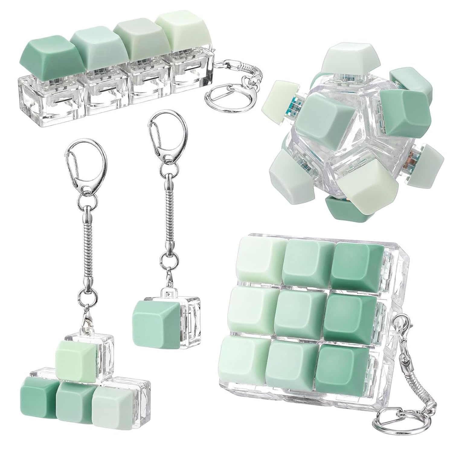 5 Pack Keyboard Fidget Keychain – Mechanical Switch Clicker with Green Gradient Keycaps, Portable Stress Relief Toy for Office & Everyday Carry
