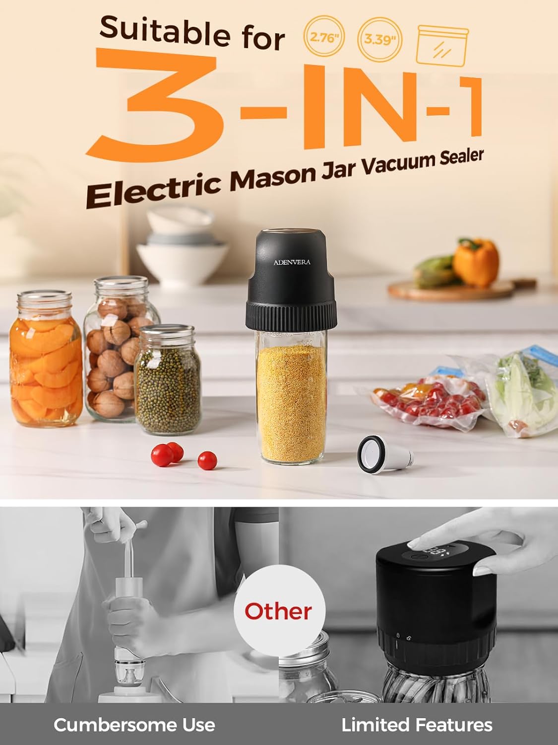 Electric Mason Jar Vacuum Sealer Kit - Auto Stop Jar Sealer for Mason Jars, 3-in-1 Vacuum Sealer for Jars & Sous Vide Bags, Portable Mason Jar Sealer with One-Button Food Preservation, Black
