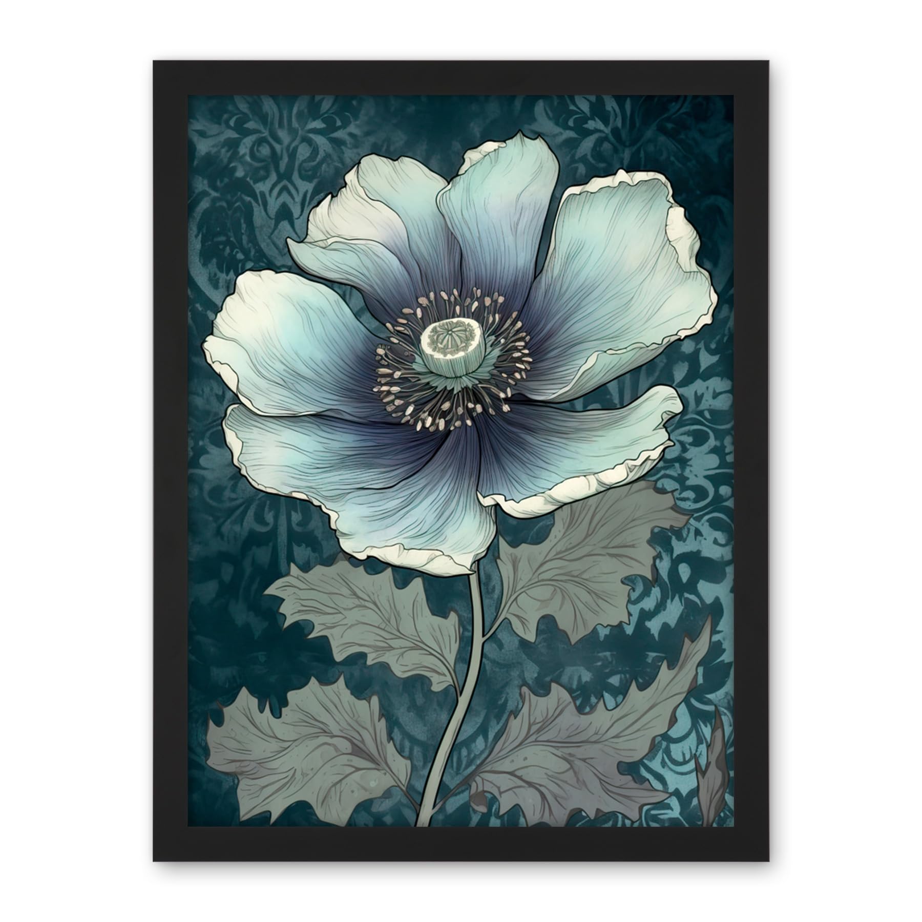 Artery8 Anemone Flower Bloom Teal Blue Watercolour Artwork Framed Wall Art Print 18X24 Inch