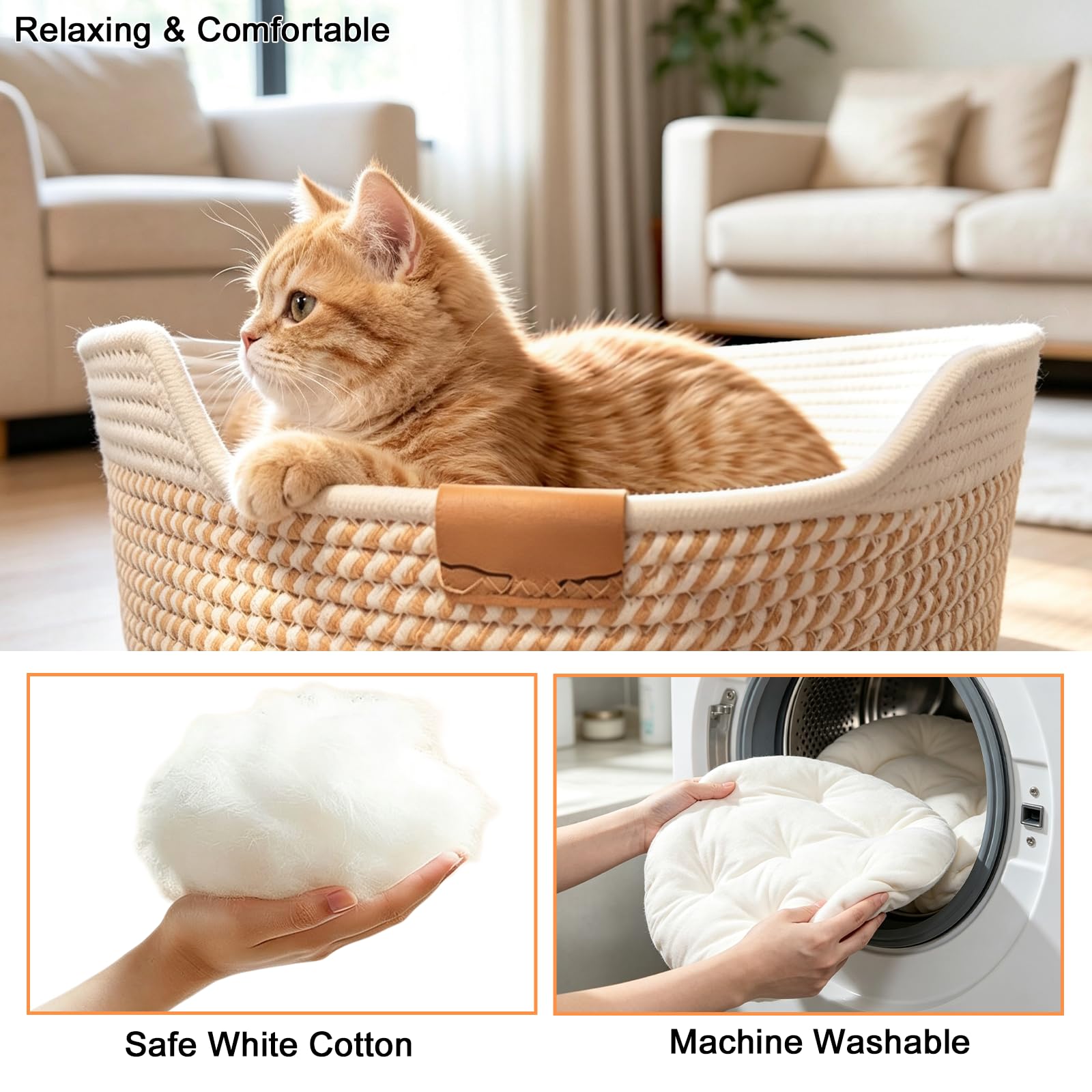 Nid pour Chat, Panier Tressé pour Chat, Cotton Corde Panier, Lit Douillet De Qualité Supérieure, Respirant Lavable pour Tous Les, Toutes Saisons, Universel, 50 * 15cm, Gris Et Kaki