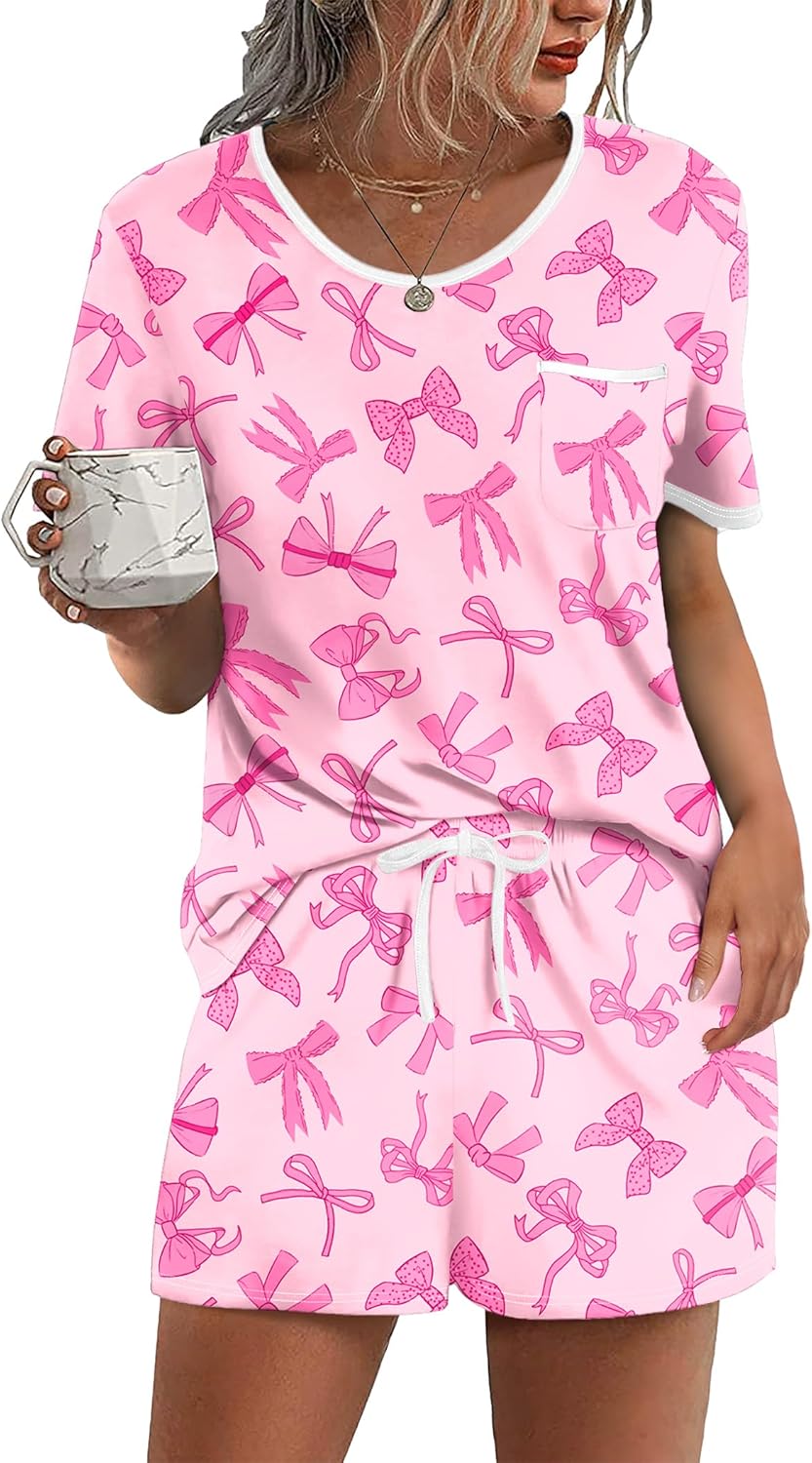 Ekouaer Pajama Set for Women 2 Piece Lounge Set Short Sleeve Tops and Shorts Soft Sleepwear, Chest Pocket