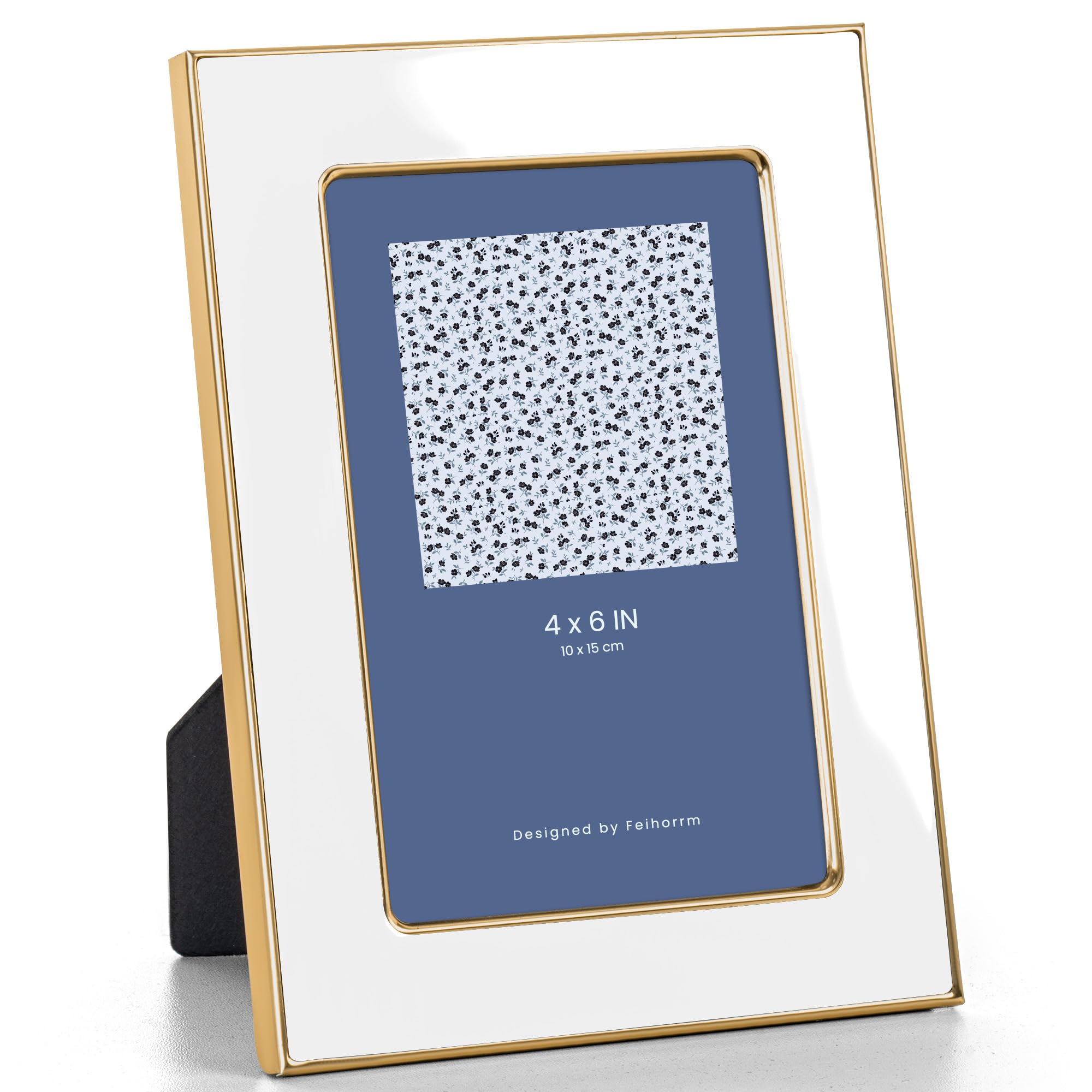 Feihorrm Photo Frame 6x4, White Enamel Frame with Gold Metal Edge, HD Tempered Glass Picture Frame, Vertical & Horizontal Display, Tabletop & Wall Mount Decor