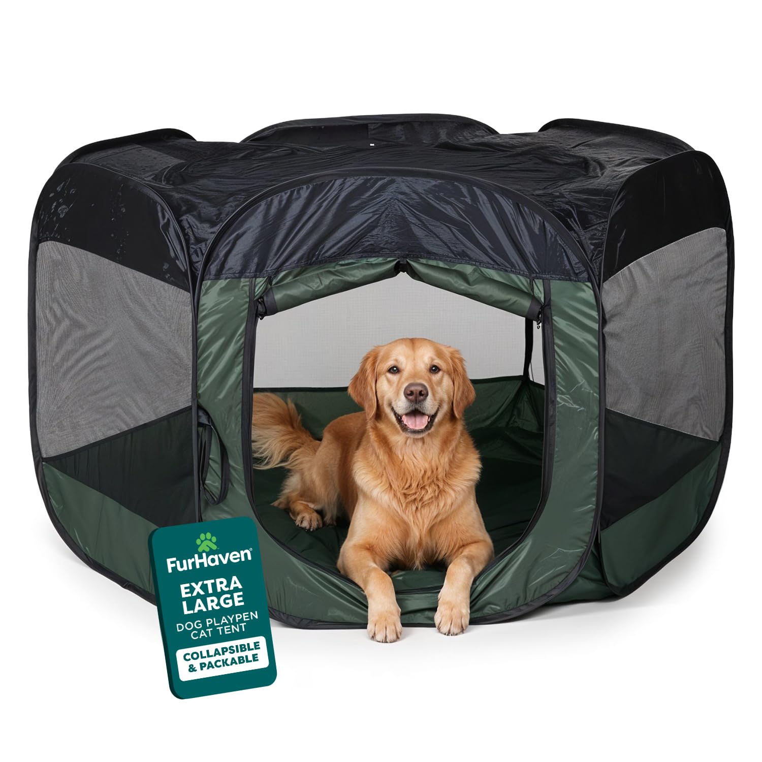 FurHaven Portable Pet Playpen for Dogs & Cats, Foldable Indoor Kitten Playpen with Mesh Sides, Pop Up Travel Dog Pen, X-Large, Hunter Green