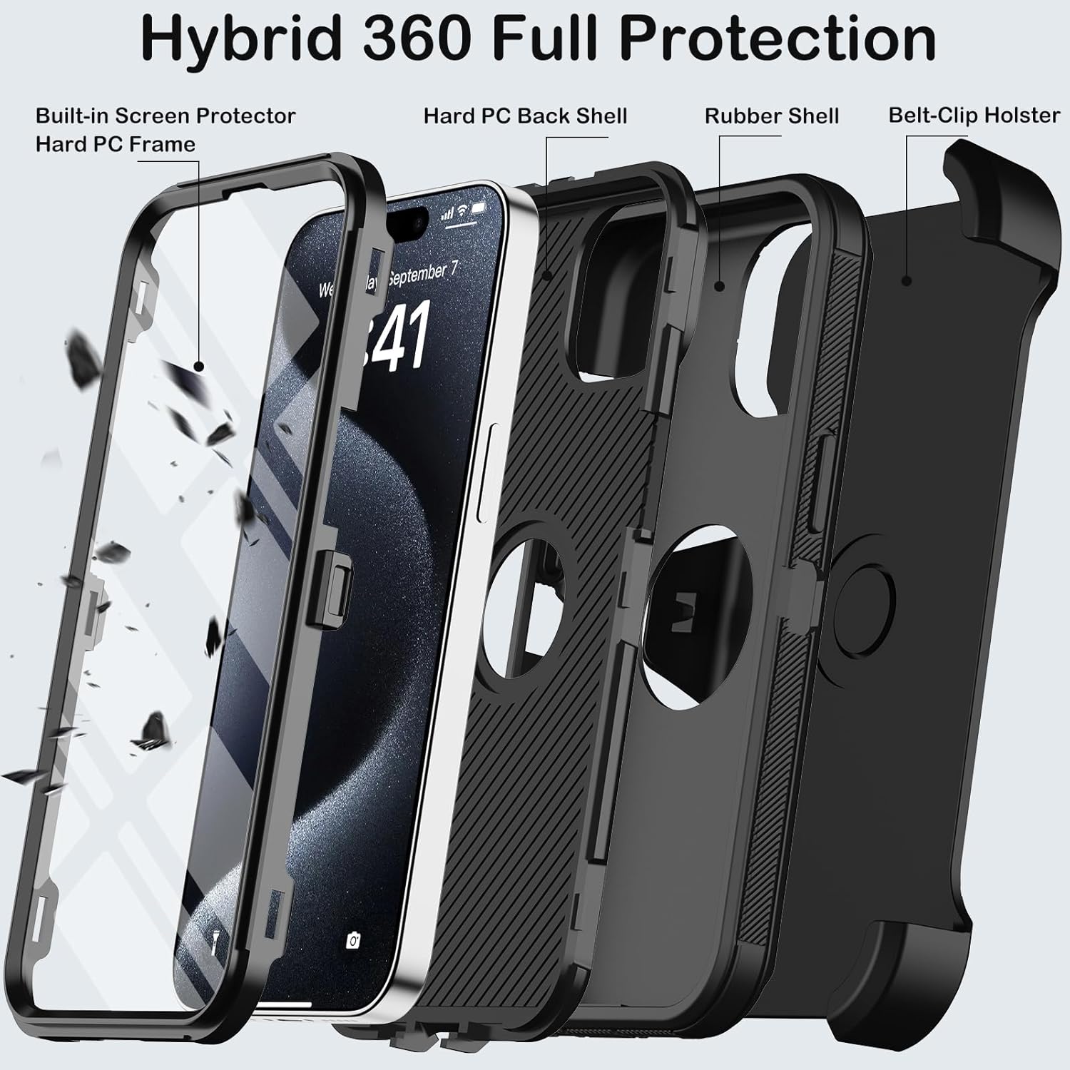 for iPhone 15 Pro Case with Belt Clip Holster,Built-in Screen Protector,Heavy Duty Shockproof Drop Protection Military Grade 3 Layers Rugged Phone Cover with Kickstand for Apple 15pro 6.1” (Black) - Image 3