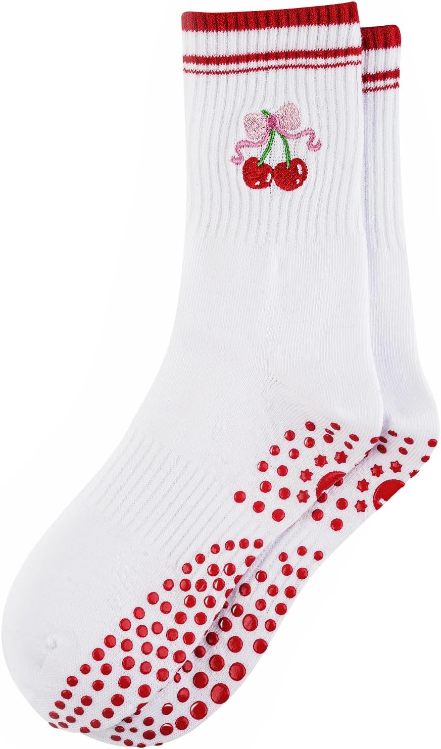 Pilates Socks for Women, Grip Yoga Crew Cute Socks Gifts for Women Non Slip for Barre Workout with Embroidery