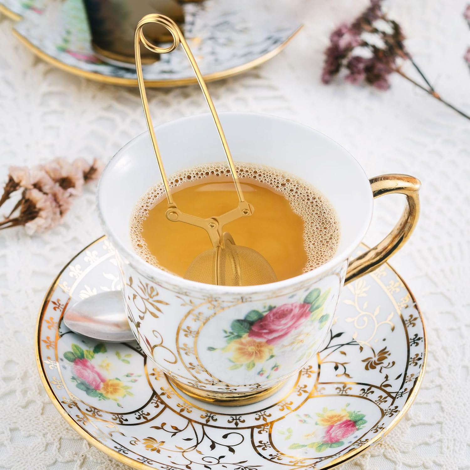 Yinder 40 Pcs Loose Leaf Tea Infuser Stainless Steel Mesh Snap Tea Ball Strainers with Handle Metal (Gold)