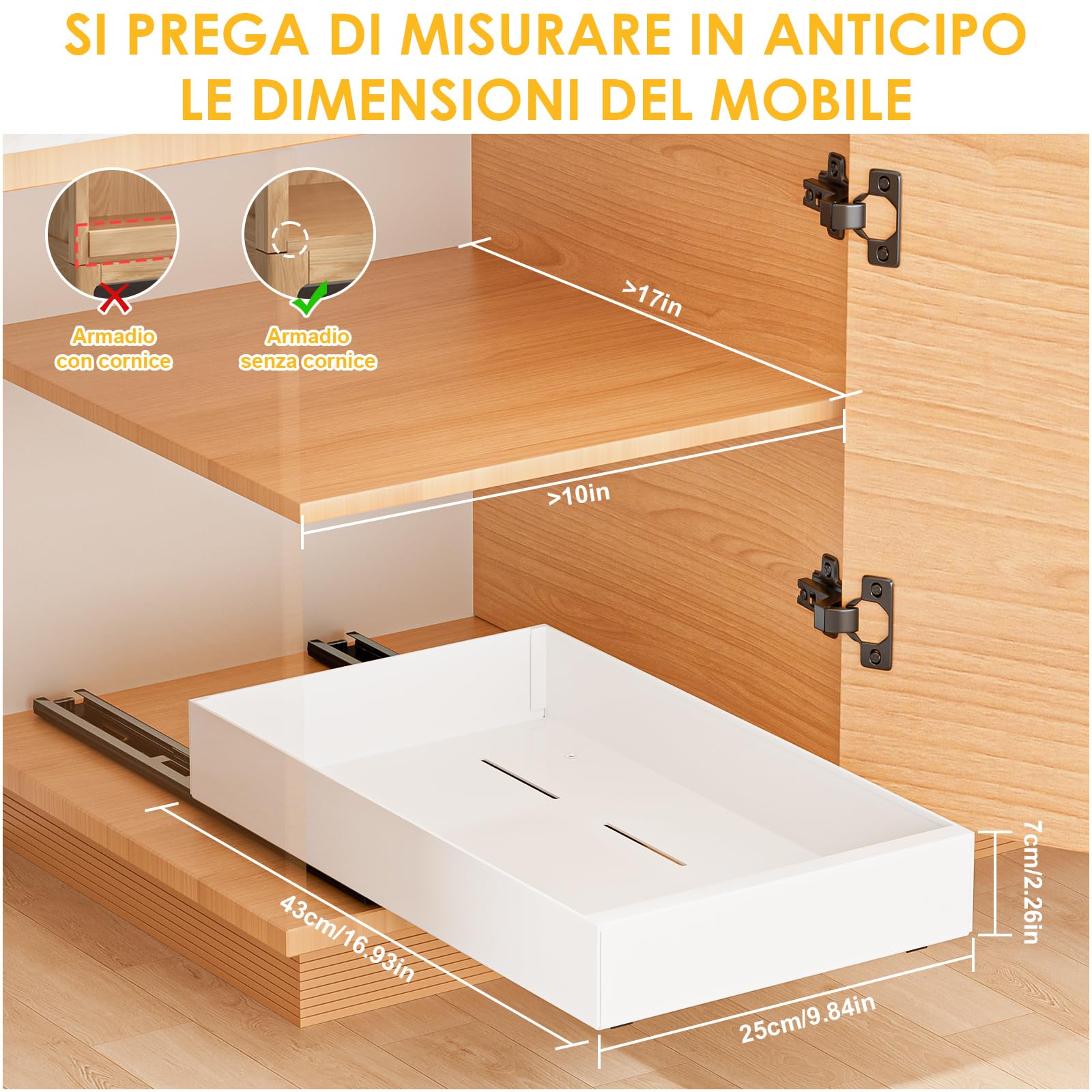 2 Pezzi Cassetto Telescopico Cassetto Estraibile Cucina Ripiani per Cassetti Estraibili per Armadio da Cucina Senza Bisogno di Trapano e Chiodi (25CM L x 43CM P x 7CM)