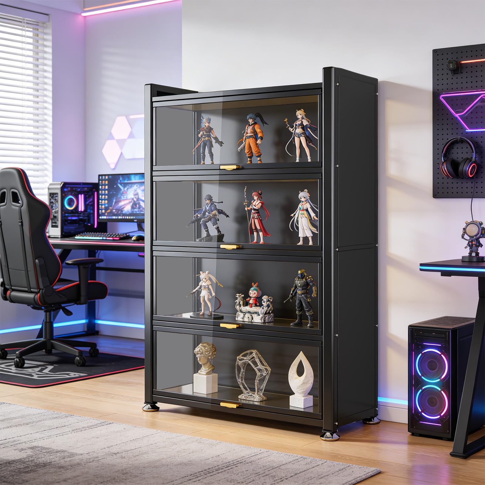 PLMOKN Display Cabinet with Glass Doors,4-Tier Curio Cases for Collectibles Action Figure Display Case Bookcase with 4 Shelves, Storage Cabinets,