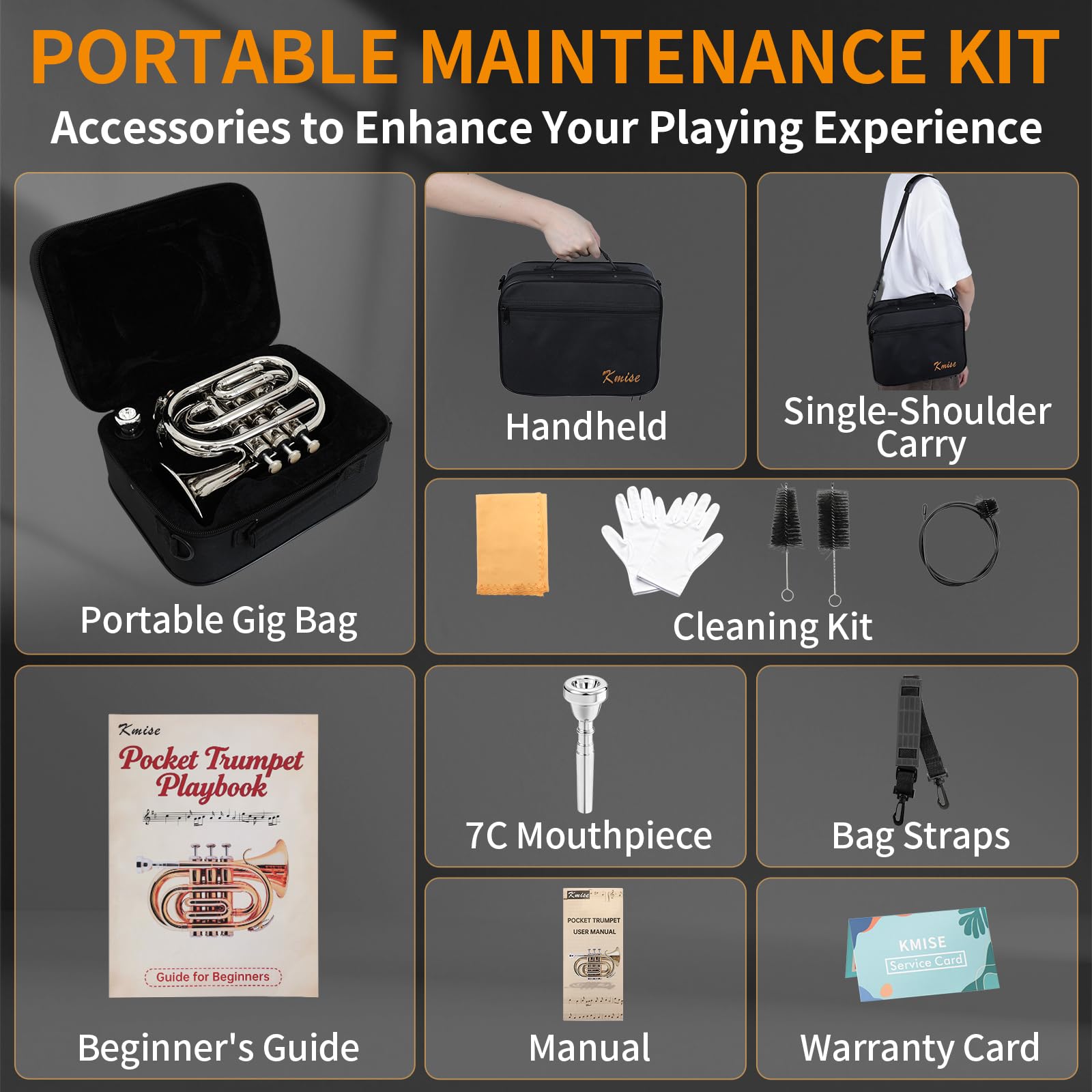 Kmise Bb Tragbare Taschentrompete, Premium-Messing-Mini-Trompeten für Studenten, Anfänger, Trompeteninstrument-Set mit stabilem Koffer, 7C-Mundstück, Anfängerführungsset und Reinigungsset (vernickelt)