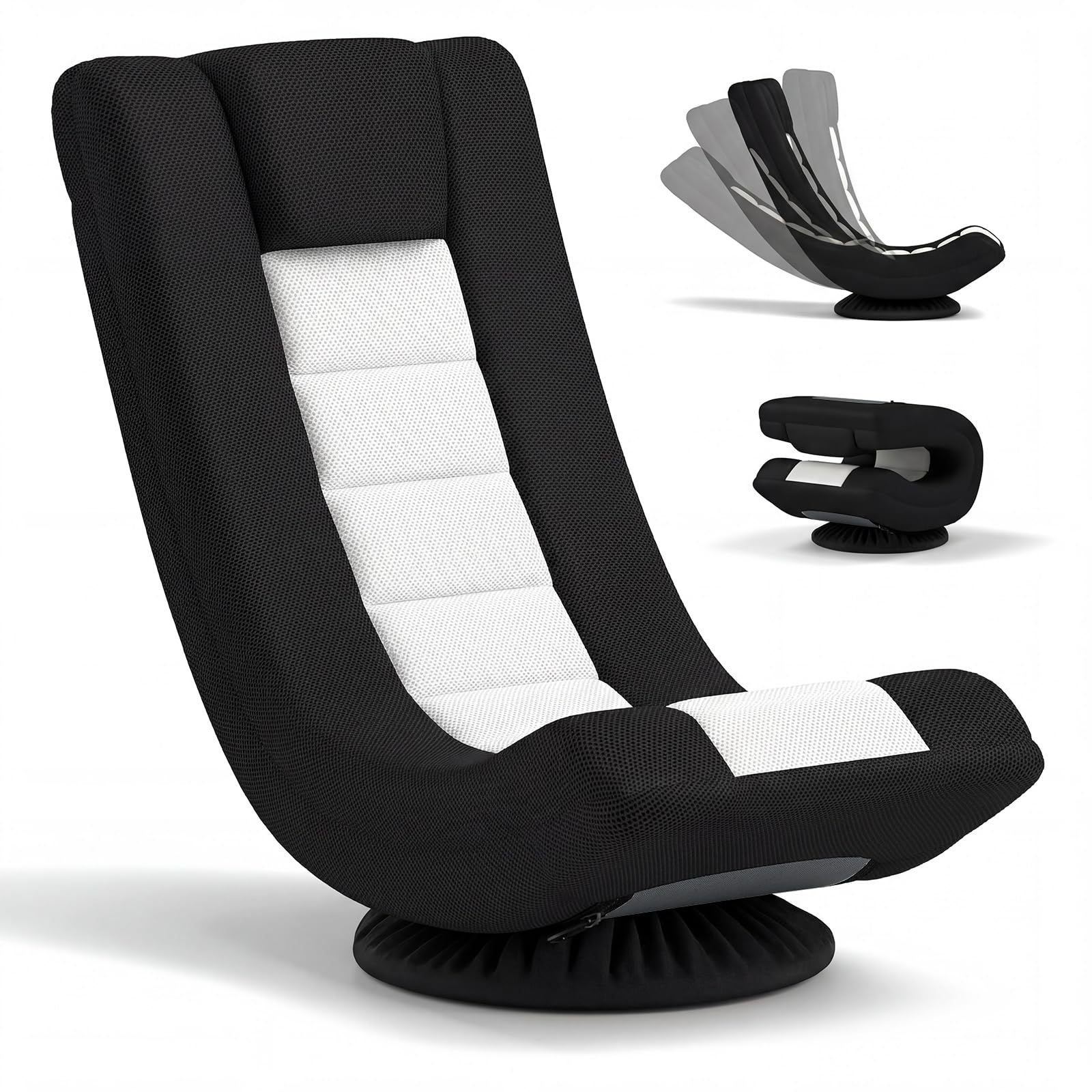 COSTWAY Folding Sofa Chair, 4-Position Adjustable Lazy Floor Sofa Bed with Swivel Base, High Back Single Padded Lounge Sleeper Recliner Floor Chair Seat for Meditation Gaming Reading (White+Black)