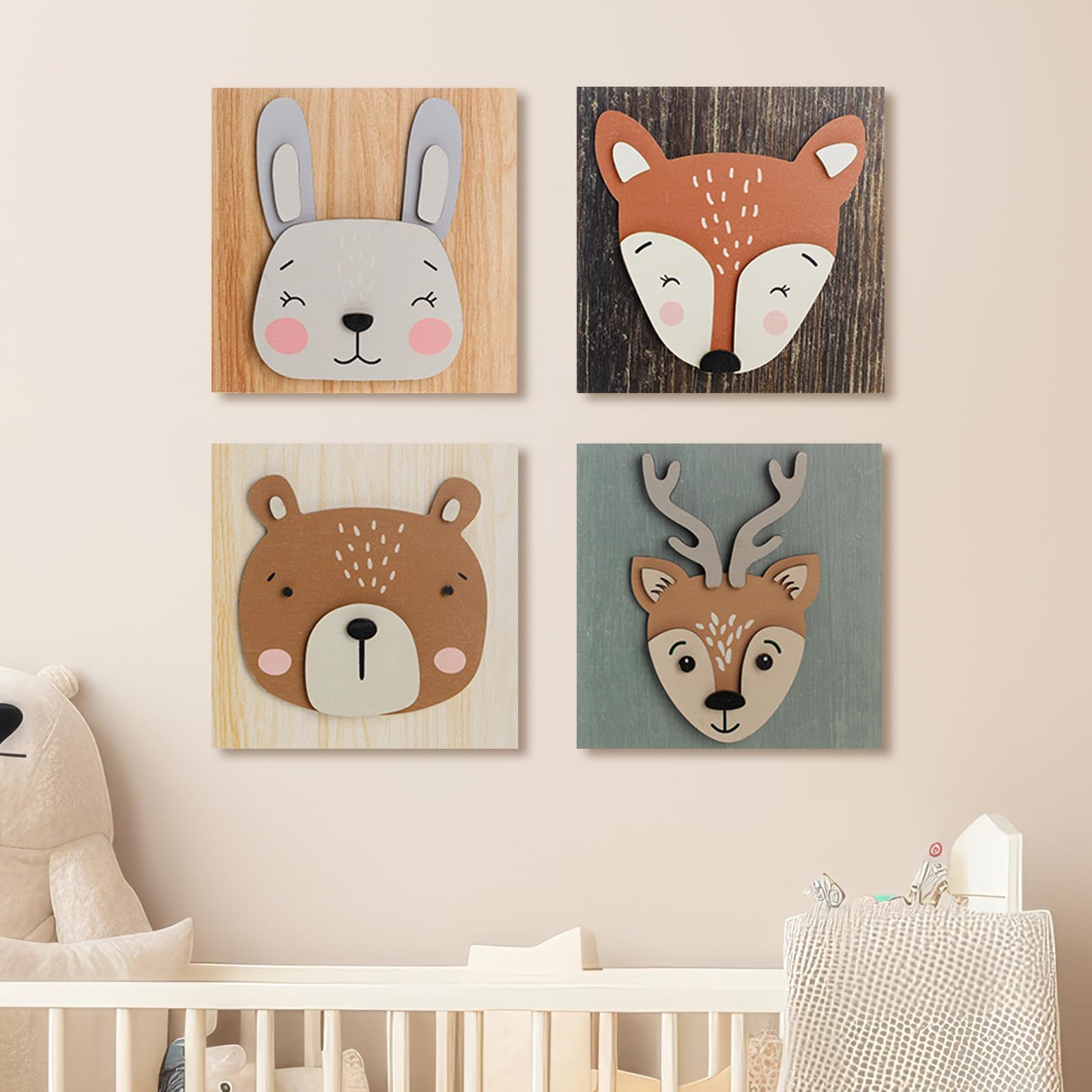 Beeveer4 Pcs Wood Woodland Nursery Decor for Kids Woodland Animals Decor Baby Nursery Wall Art Wood 3D Wall Decor Bear and Fox and Rabbit for Nursery or Kids Bedroom Decor Gift