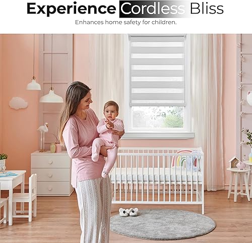 Miniatura 4 de PowerSellerUSA Persiana enrollable sin cordón, de doble capa, con diseño de cebra, con control de luz y de privacidad, 36 x 72 pulgadas, color gris