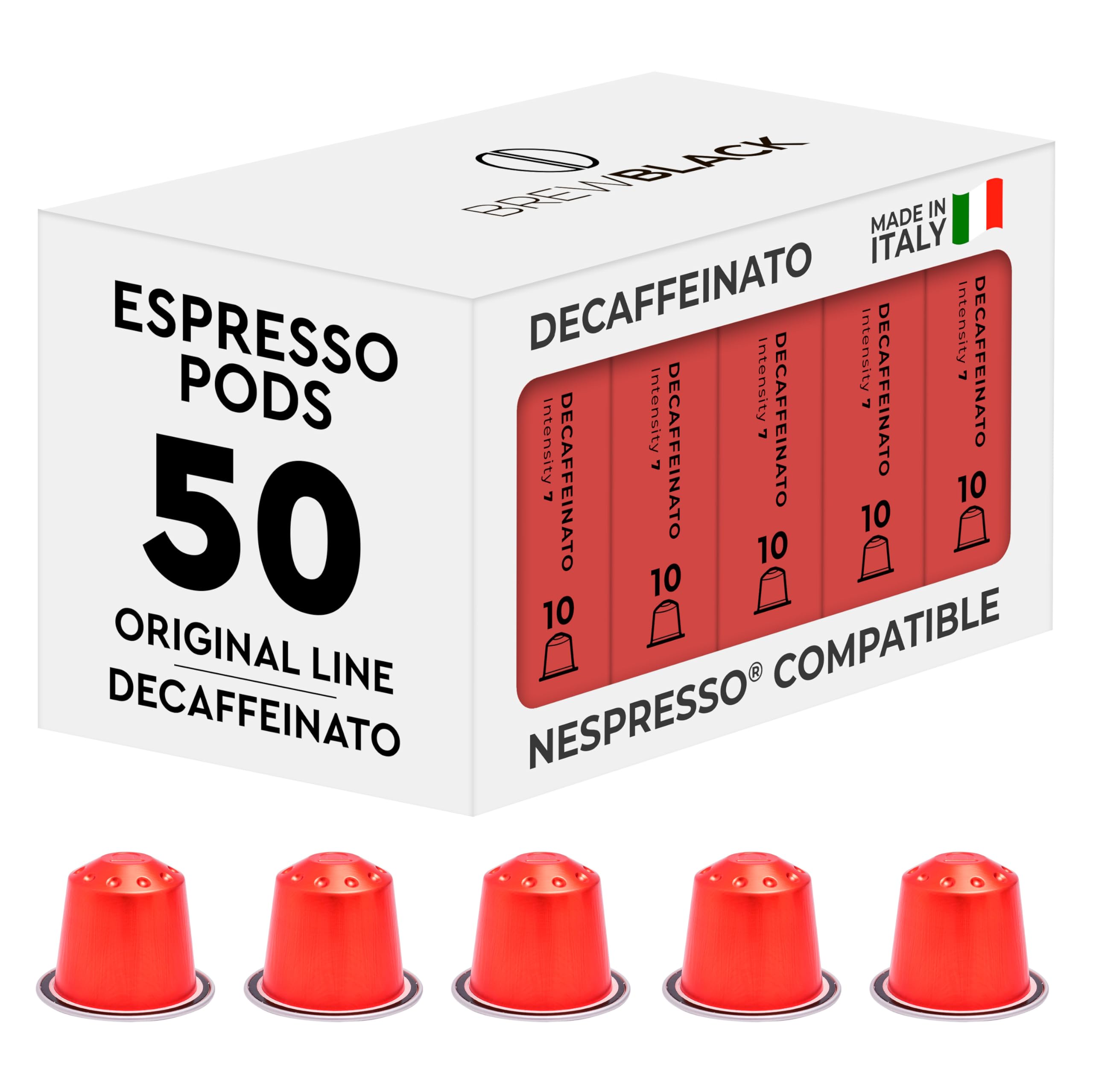 BrewBlack Decaffeinato Coffee Capsules - 50 Aluminum Coffee Pods Compatible with Nespresso Original line, Medium Roast - Intensity 7/12, Made in Italy