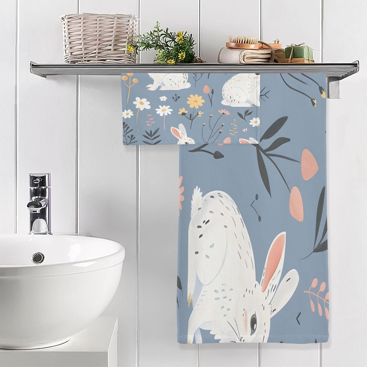 Hand Towels Premium Soft and Highly Absorbent Rabbit Flower 2 Pcs Towels for Bathroom Set 100% Cotton Decorative Face Towels