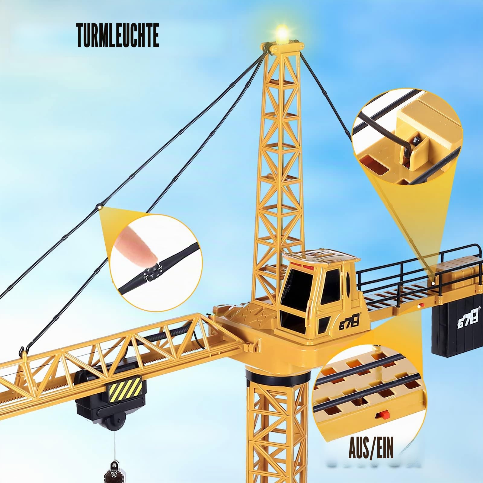 deAO RC Bauturmkran für Kinder, Ferngesteuerte Kran 128 cm Höhe, 6 Kanäle, 680 ° Rotation, Ferngesteuert Turmkran Spielzeug mit Lichter und Geräusche, Modell Die Cast, Geschenke für Jungen Mädchen