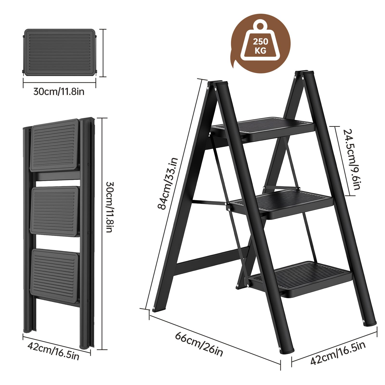 Escalera plegable en 3 peldaños, portátil, capacidad de 250 kg, con pedal ancho antideslizante, para el hogar, cocina, oficina, garaje