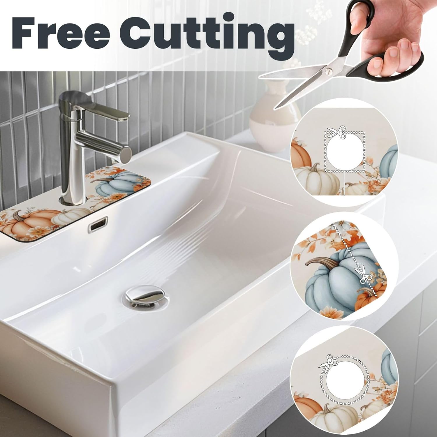Ouqiuwa Watercolor Orange Blue Pumpkins Sink Splash Guard Faucet Mat 15" X 5.5", Fallen Leaves Faucet Suction Pad 1 PC, Funny Printed Drip Catcher Tray Drying Mat for Home Bathroom Kitchen Counter