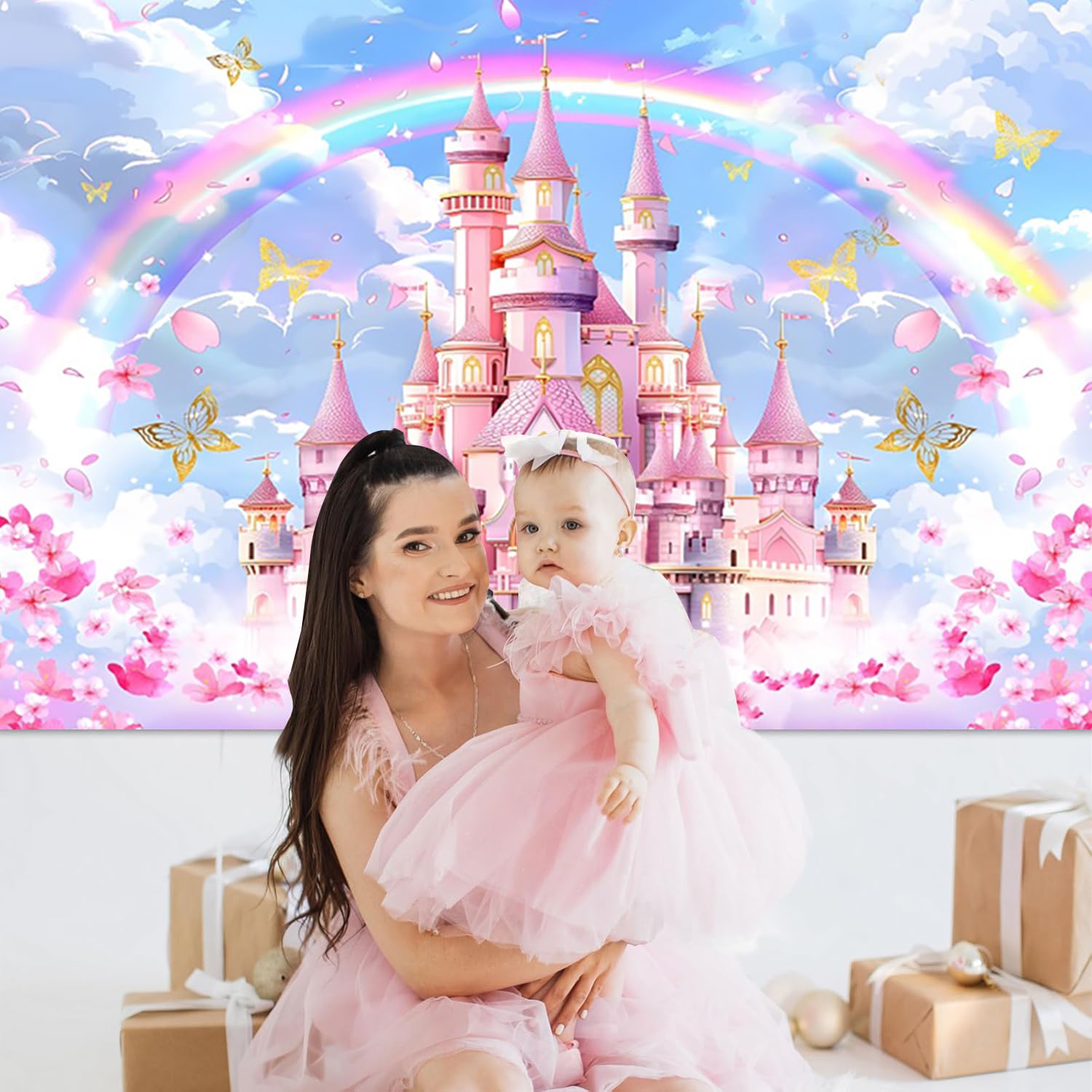 Sfondo di Principessa Castello 3x2m, Castello Rosa Arcobaleno Farfalla Floreale Fotografia Sfondo Principessa Bambina 1° Compleanno Baby Shower Festa Decorazione Banner Attrezzi da Studio