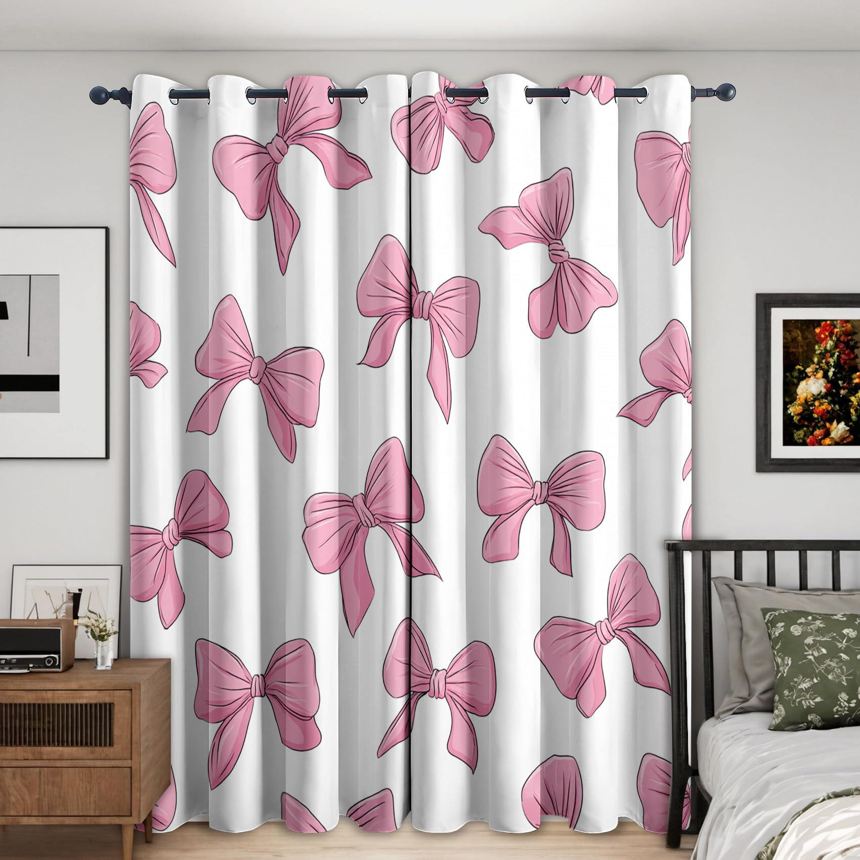Pink Bow Blackout Curtains, 108 Drop, Girls Cute Bowknot Printed Curtains for Living Room, Bedroom, Eyelet Drapes for Window Home Decor, 90x108 Inch 2 Panels (J-855)