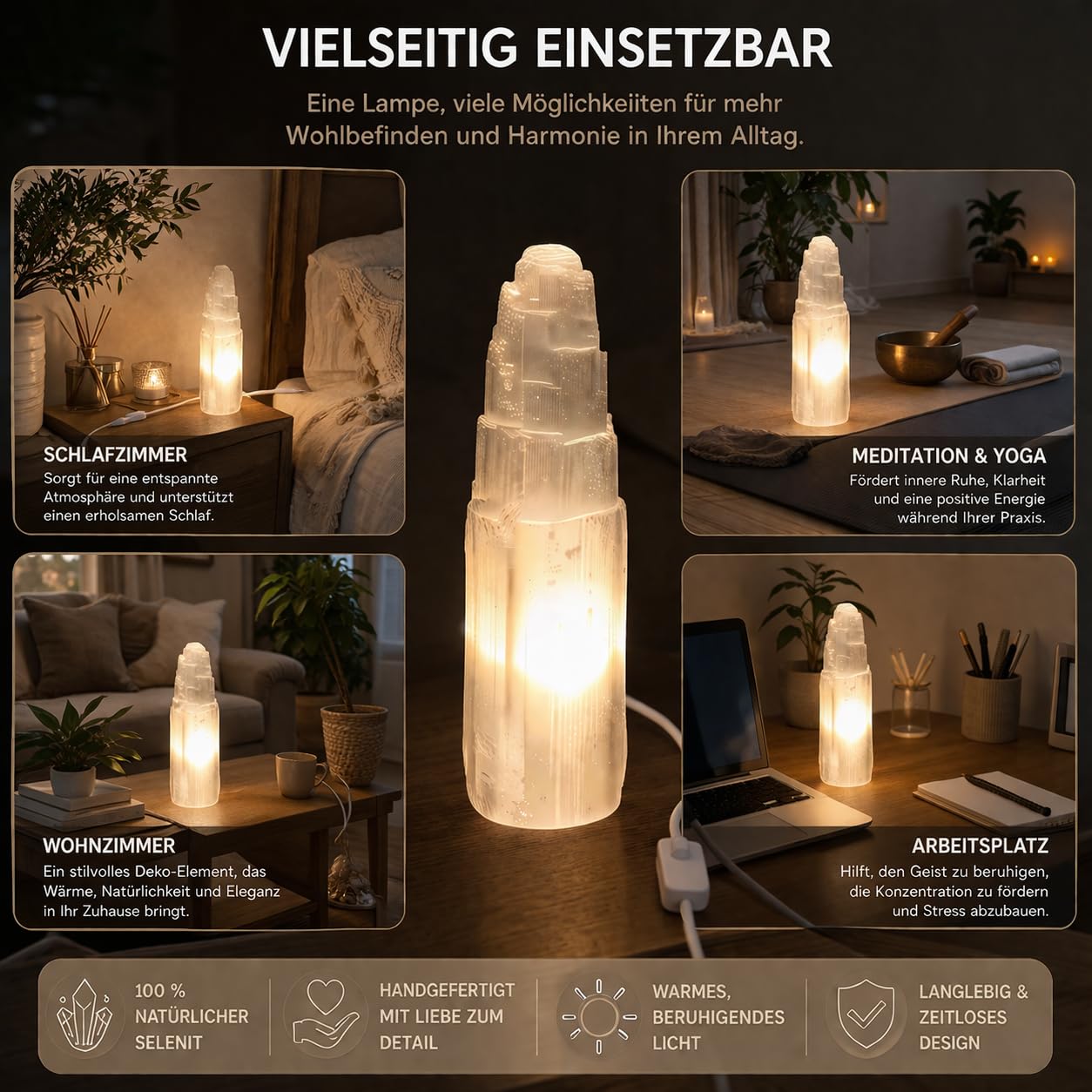 Selenitkristalllampe – Selenitberg-Turmlampe in 5 verschiedenen Größen – 25 cm großer, natürlich geformter Selenitkristallturm für metaphysische Reinigung, Heilung, Meditation und dekoration