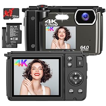 Digital Camera 4K,Vmotal UHD 64MP Photo 4K Video 60FPS,Dual Screens 2.8?+2.4?/16x Zoom/Time-Lapse/Slow-Motion/Autofocus/Manual Focus, with WiFi, Vlogging Camera for YouTube