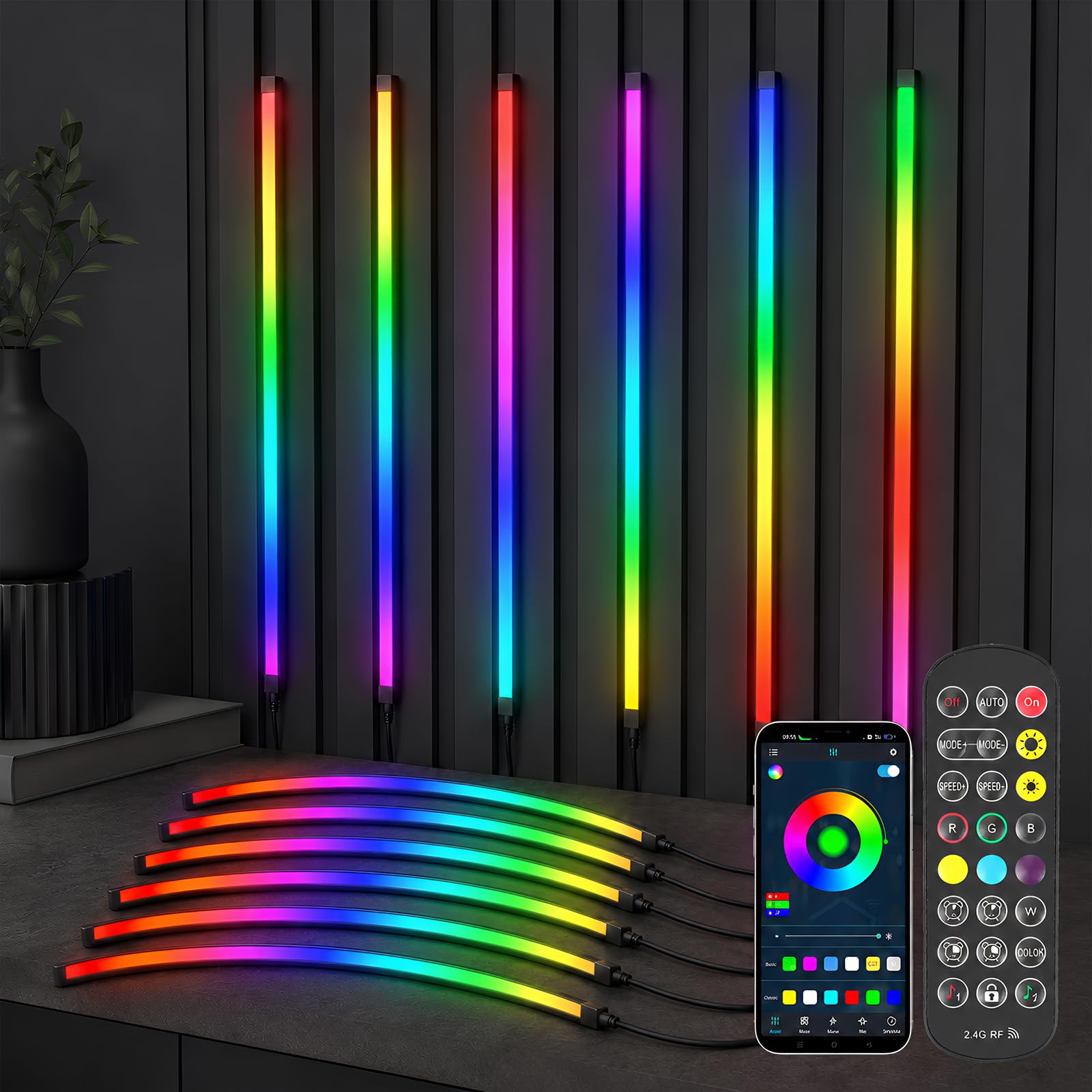Illuminazione per Pannelli Acustici, Dimmerabile Sezionabile LED Integrati 6 LED Strisce RGB Dream Color 100cm Sincronizzazione Musicale Telecomando Regolazione Colore e Luminosità Controllo App