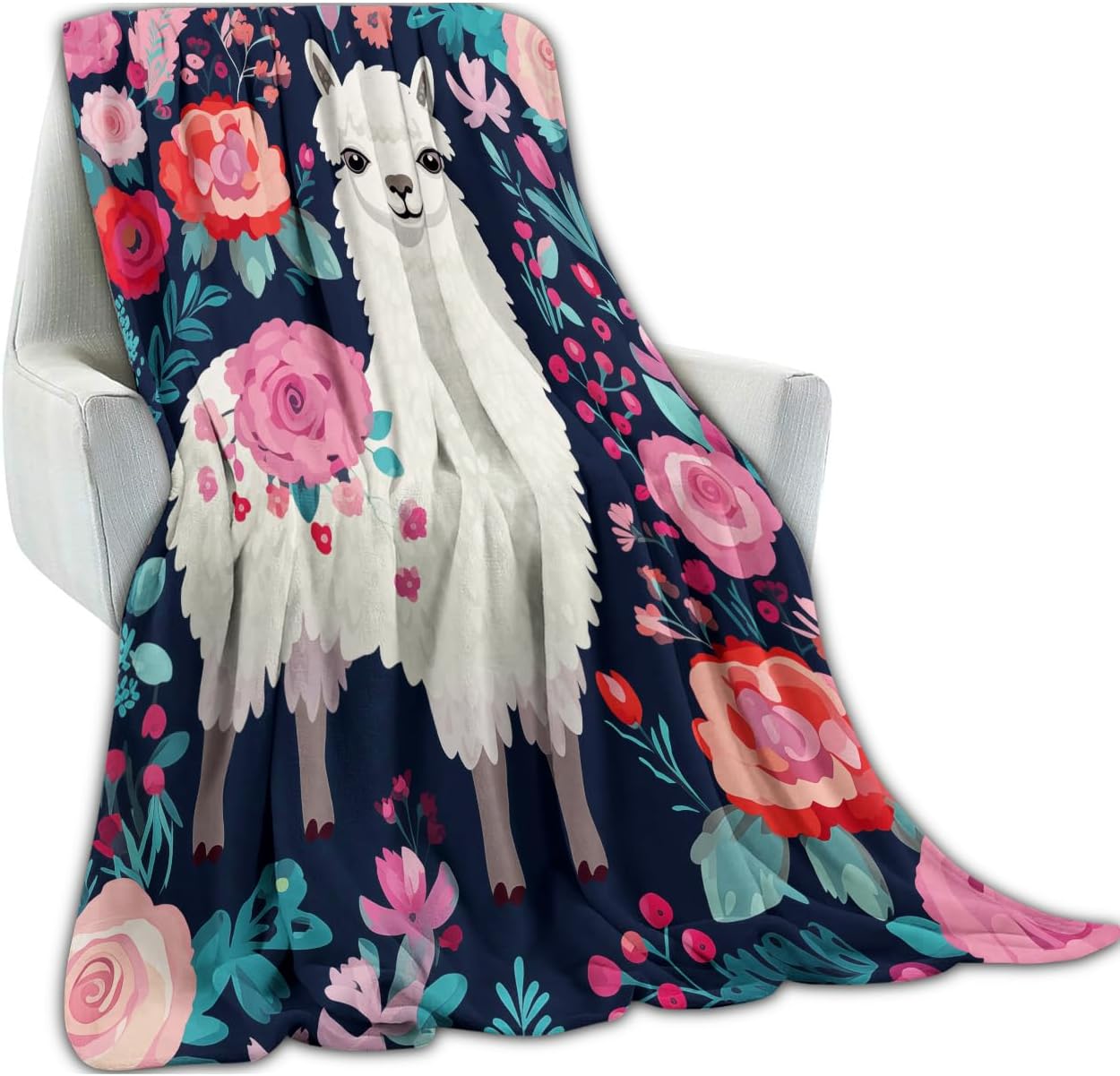Floral Llama Soft Fleece Throw Blanket – Comfy, Lightweight & Warm Plush Flannel for Sofa, Bed, Travel, Living Room – Fuzzy, Anti-Pilling Design for Outdoor Use 50×60inch - Image 2