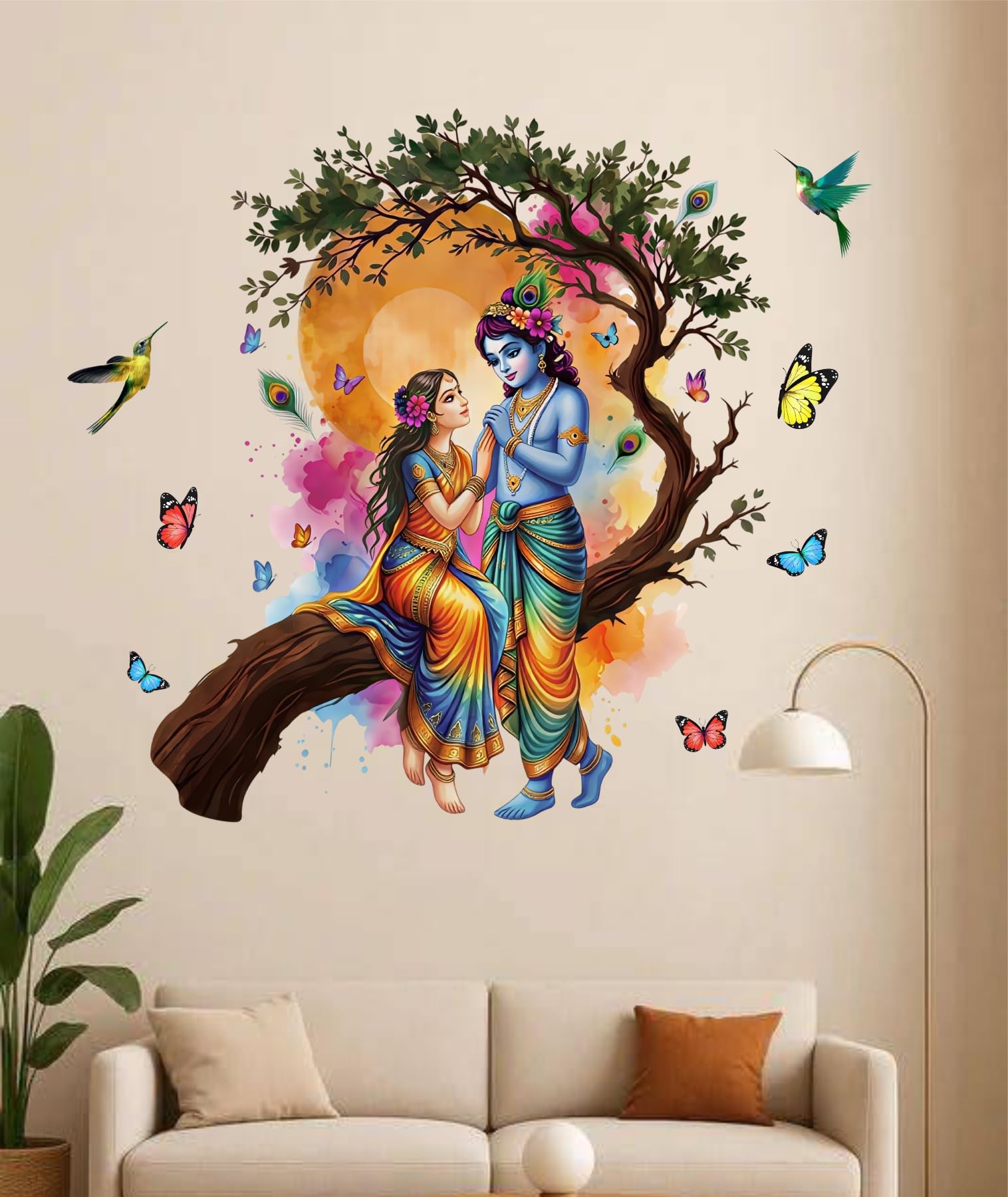 PVC Vinyl Tree and Flowers Branch Leaves Radha Krishna Self-Adhesive Wall Sticker for Home Decor/Decoration - Living Room, Bedroom, Kids Room (Multicolor, Size: 70X58 Cm)-picture-28