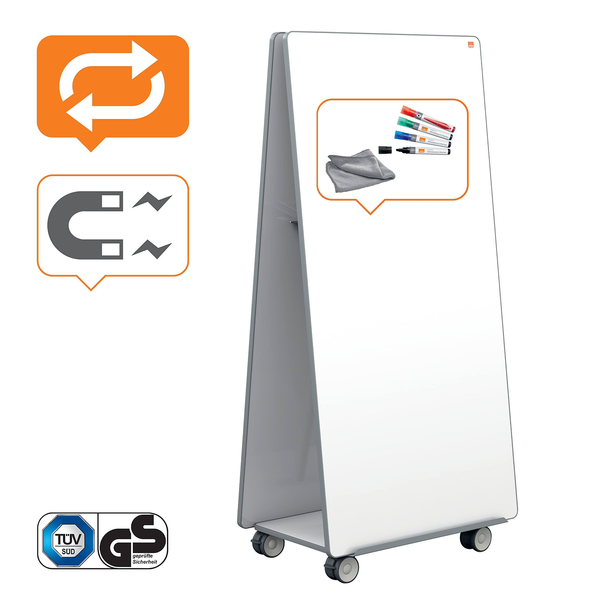 Nobo Mobiles Whiteboard-System, 900 x 1800 mm, mobiler Sockel, 2 x magnetische Whiteboards aus Stahl & Zubehör, Move & Meet System, 1915560