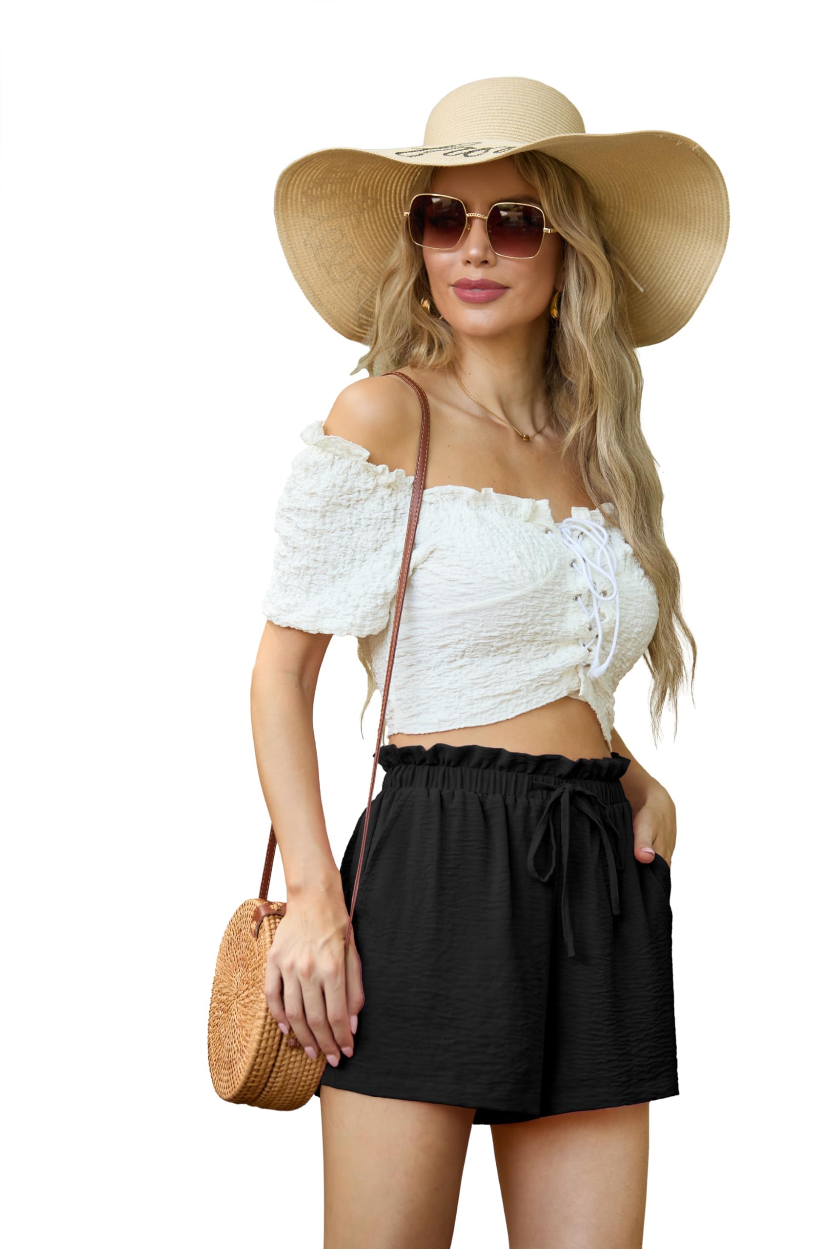 PrinStory Pantaloncini leggeri da donna a vita alta Paperbag pantaloni corti larghi estivi corti pantaloncini da spiaggia per le donne