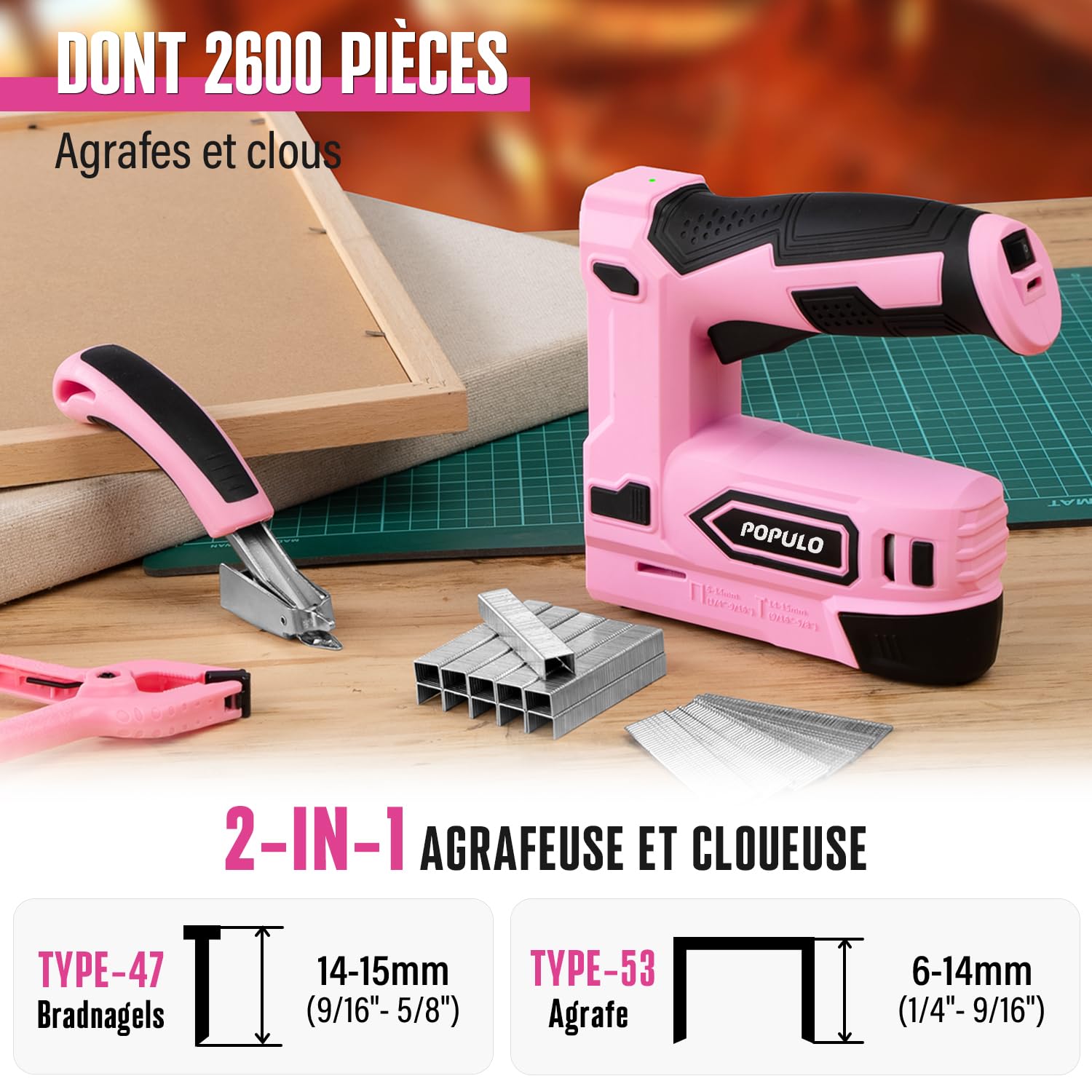 POPULO Agrafeuse électrique 2-en-1 sans fil 4 V lithium-ion avec charge USB-C – inclut arrache-clou, agrafes et clous pour tapisserie, clips, réparation de meubles, moquette et bricolage maison, rose