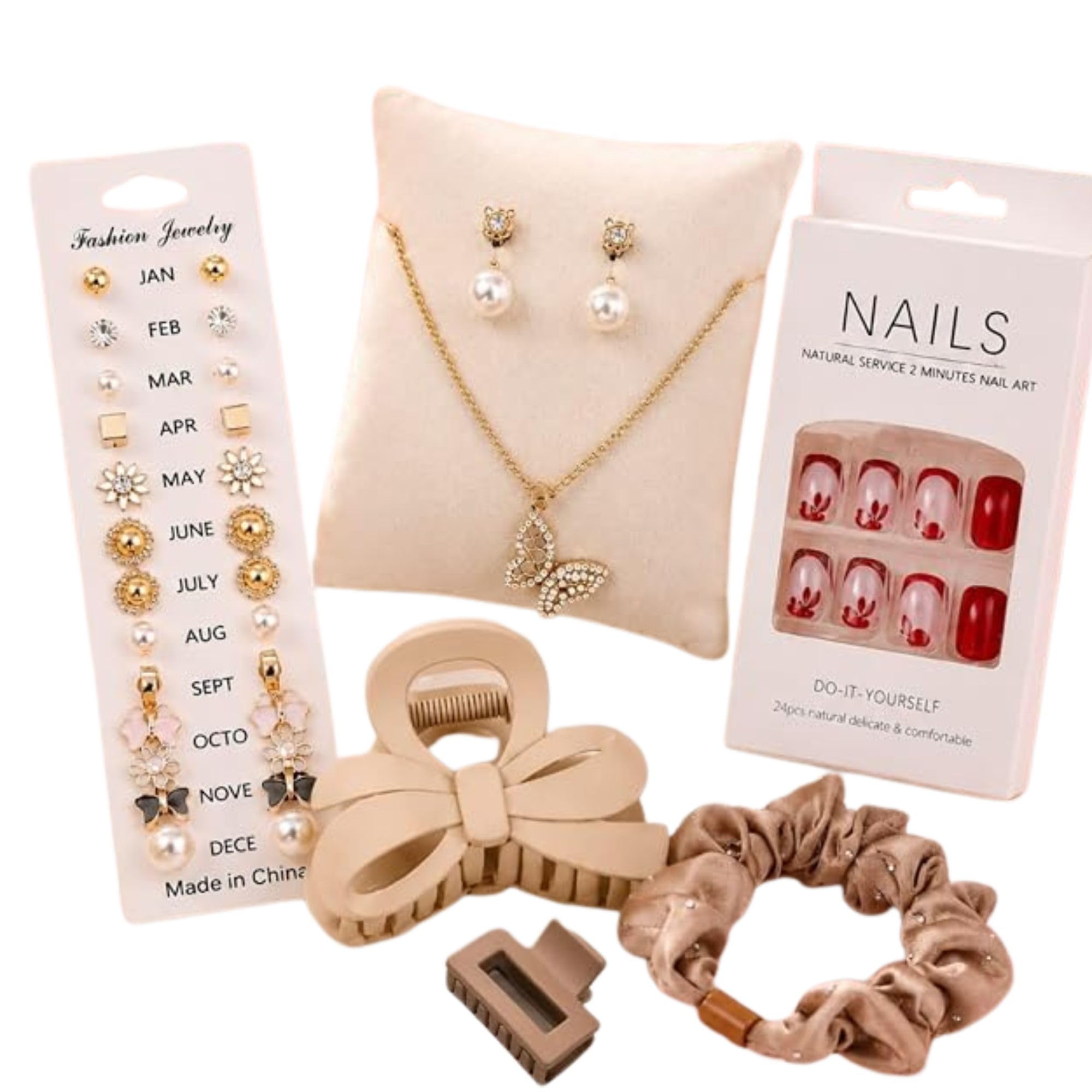 Women's Fashion Accessories Gift Combo Set | Pendant Necklace with Earrings, Stud Earrings Set, Press On Nails, Hair Claw Clips & Scrunchie | Gift Kit for Girls & Women-image-32