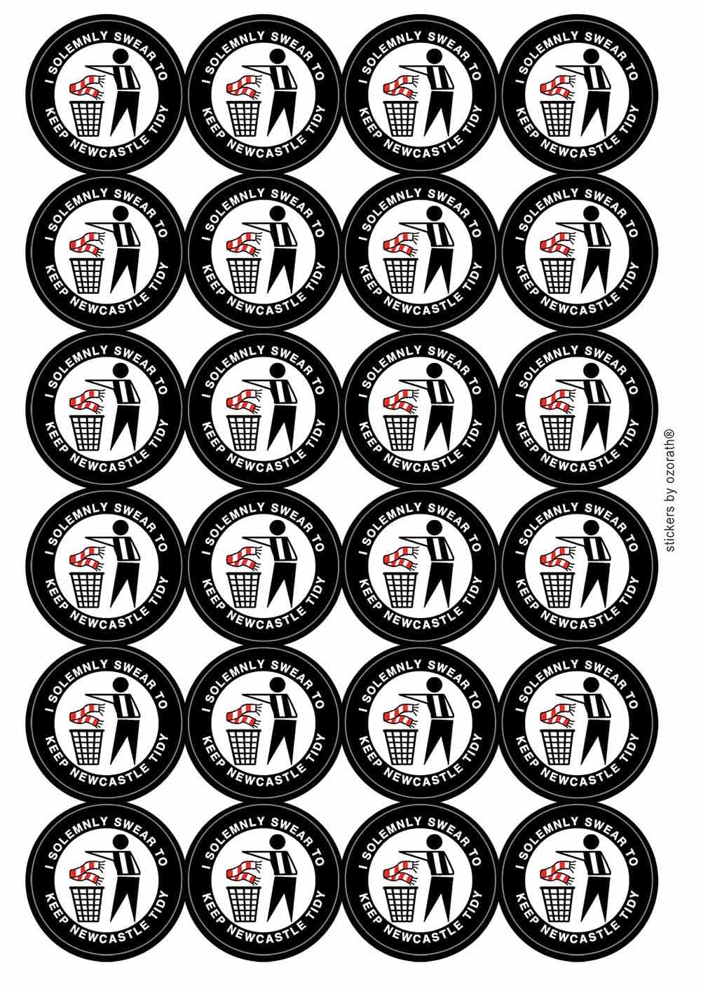 I Solemnly Swear to Keep Newcastle Tidy Circular Matt Paper Stickers A4 Sheet of 24 (Each Sticker is 45mm Diameter)