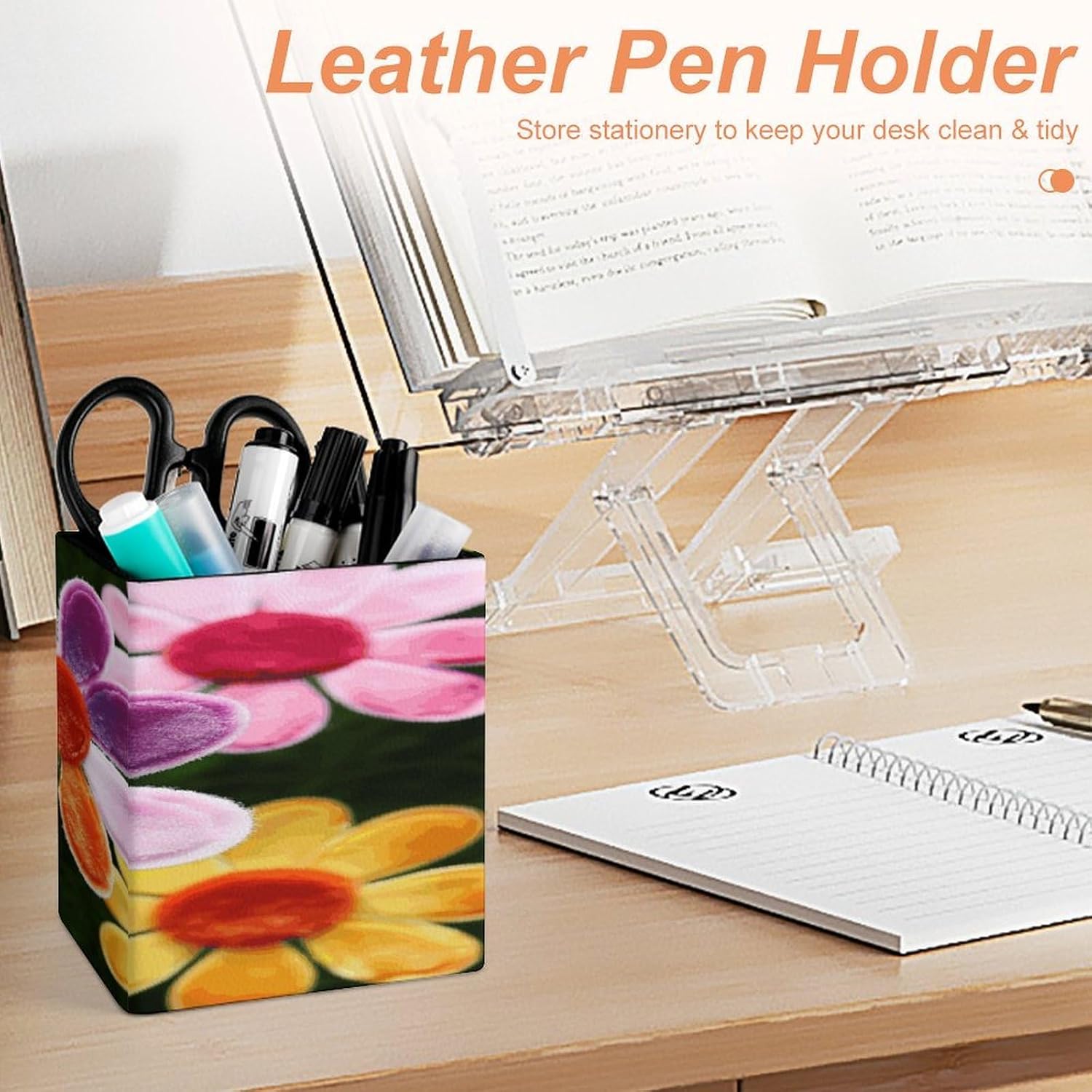 PU Leather Daisy Flower Colorful Pen Holder Square Desktop Pencil Cup Office Accessories Container Box Makeup Brush Holder Cute Desk Brushes Storage & Stationery Organizer image 4