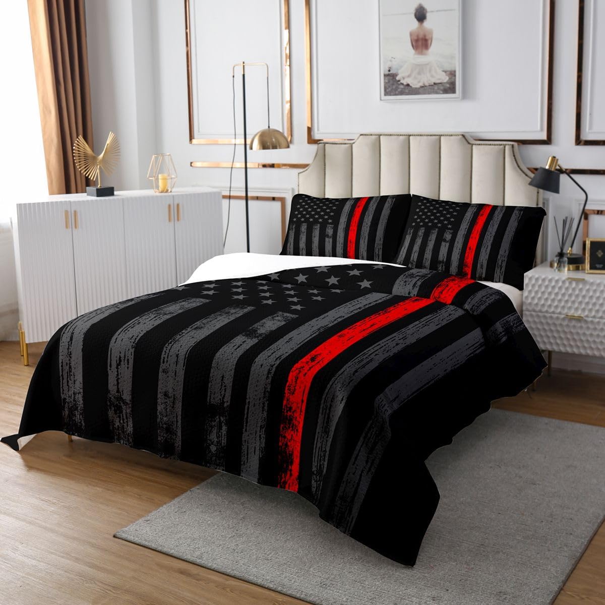 Erosebridal American Flag Quilt Queen Black Grey Red Line Flag Bedspread for Men Boys Kids Girls Novelty Star Stripe Coverlet Retro Vintage Flags Bedspread Quilt Set