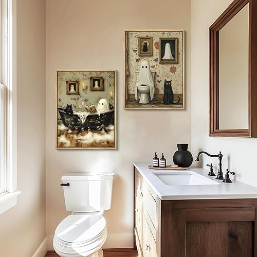 Miniatura 5 de 2 piezas divertidas de fantasmas para baño, arte de pared de fantasma espeluznante en el inodoro, decoración de pared de espectro gótico y lindo