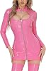 AUBIG Women Mini Nightclub Dress Long Sleeve Front Zipper Shiny Wet Look Lingerie Costume Faux Leather Bodysuit