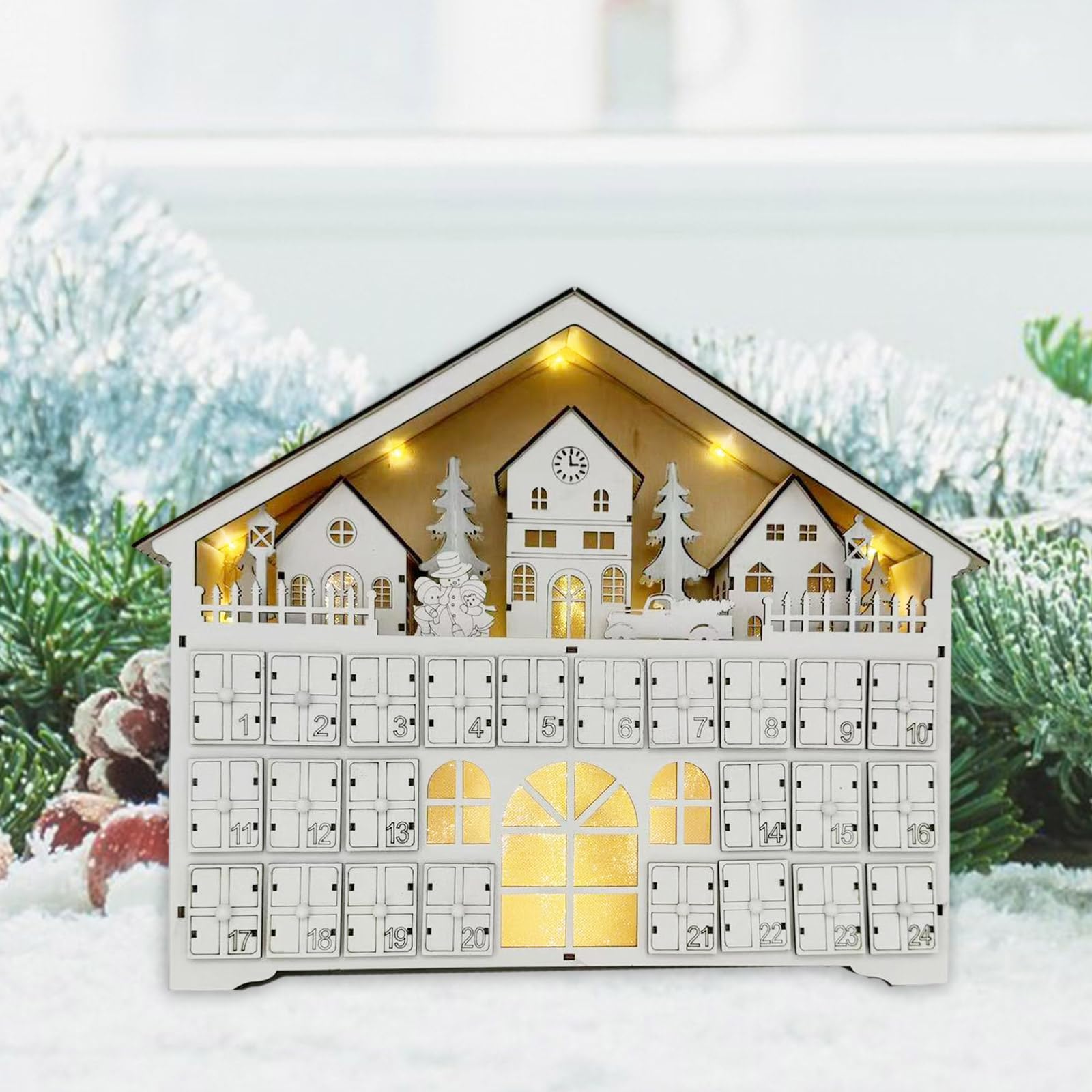 Holz LED beleuchteter Adventskalender, Weihnachten Adventskalender, mit LED-Lichtern und 24 Schubladen, Holzdeko