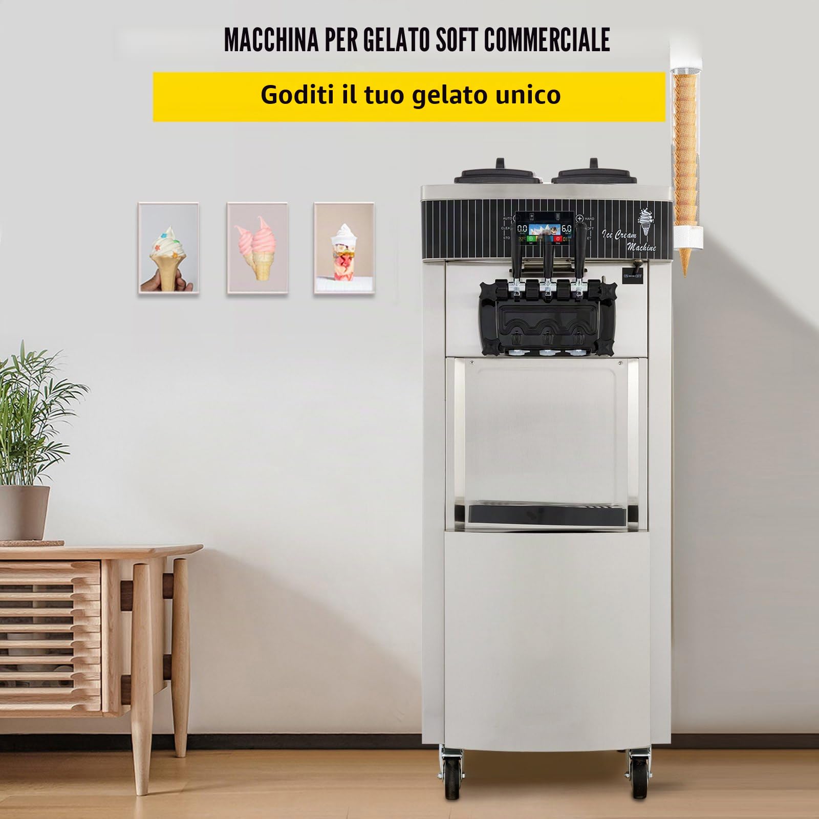 Macchina per Gelato soft professionale 2200W 20-28L/h 3 Gusti Macchina per Gelato Capienza 6Lx2 Pannello LCD Pulizia Automatica per Bar Ristorante Yogurt Caffè Hotel