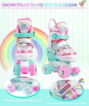 Unicorn Rainbow Kids Roller Skates for Girls Boys Toddler Ages 3-12, Adjustable Beginner Profession Kids Quad Skates, Children's Rollerskates for Birthday Xmas Gifts