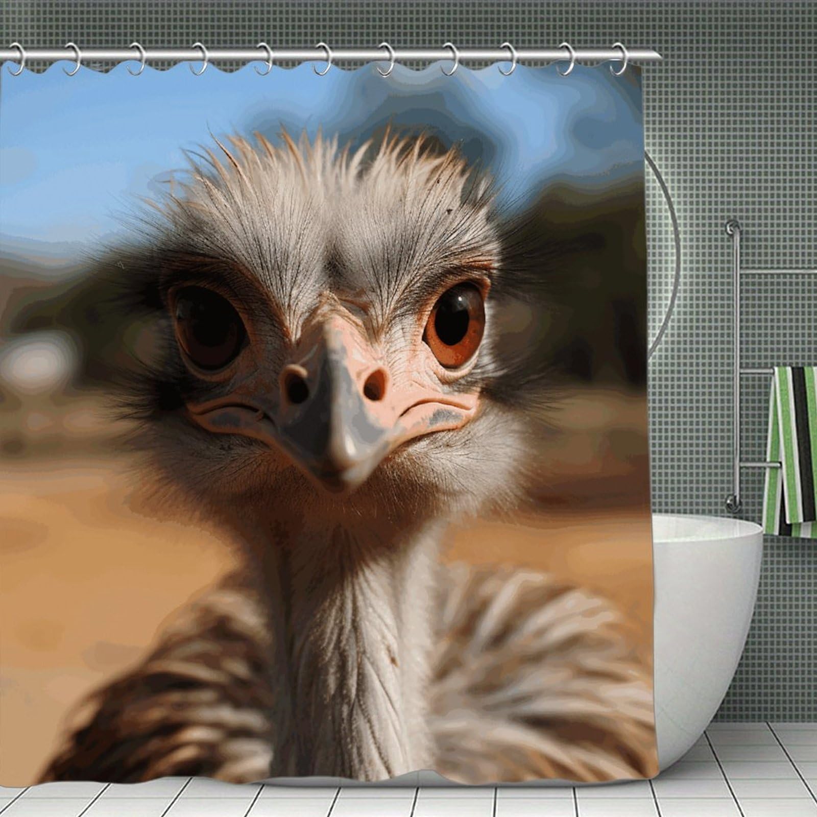 VstaDank Cute Ostrich Shower Curtain Waterproof Bathroom Shower Curtain with C Type Hooks Soft Lightweight Shower Curtains Liner Washable Polyester Cloth Shower Liner 71x71 Inch