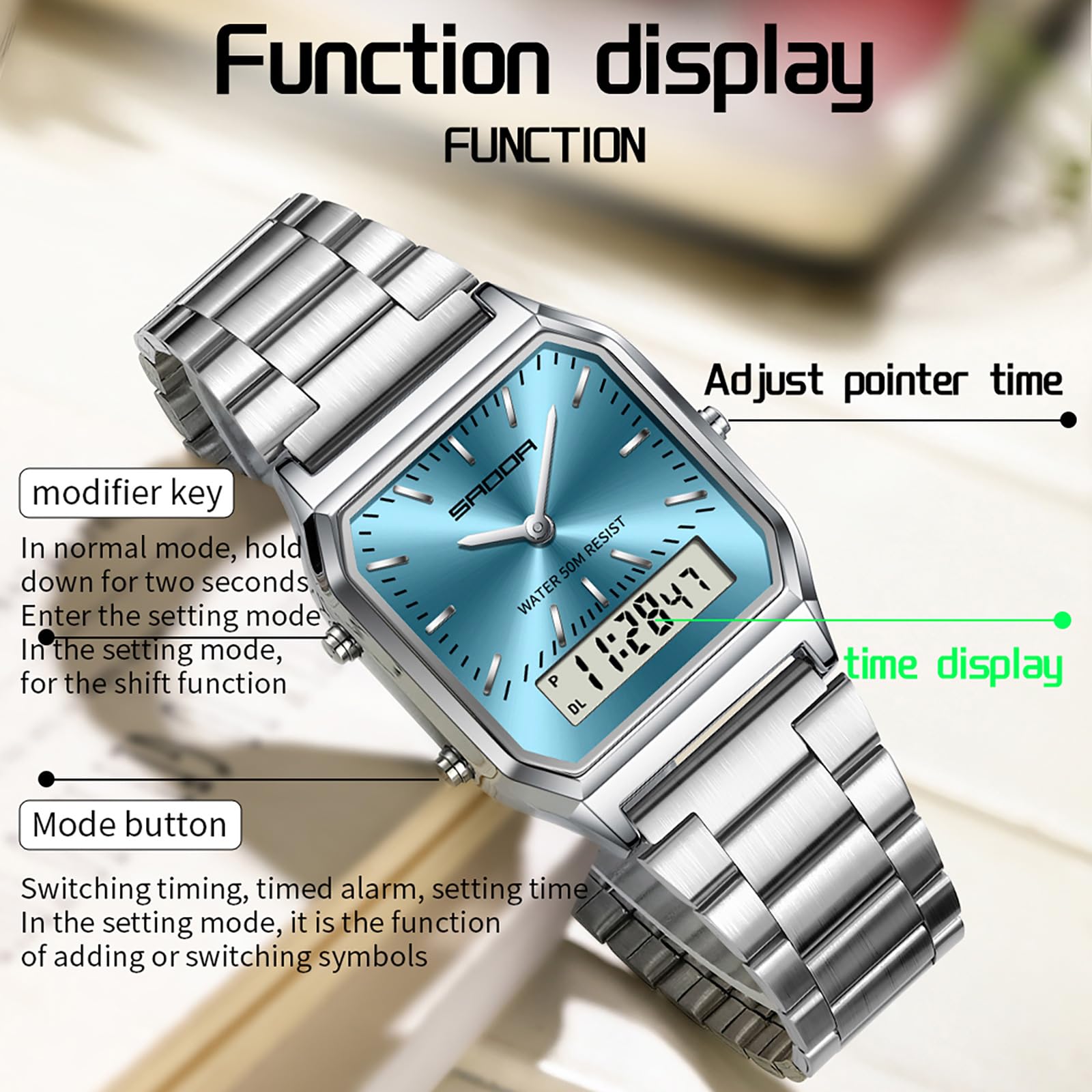 findtime Orologio da polso unisex, stile retrò, classico, quadrato, cinturino in acciaio inox, analogico, digitale, 5 ATM, impermeabile a LED, data, giorno della settimana, tre fusi orari, orologio di
